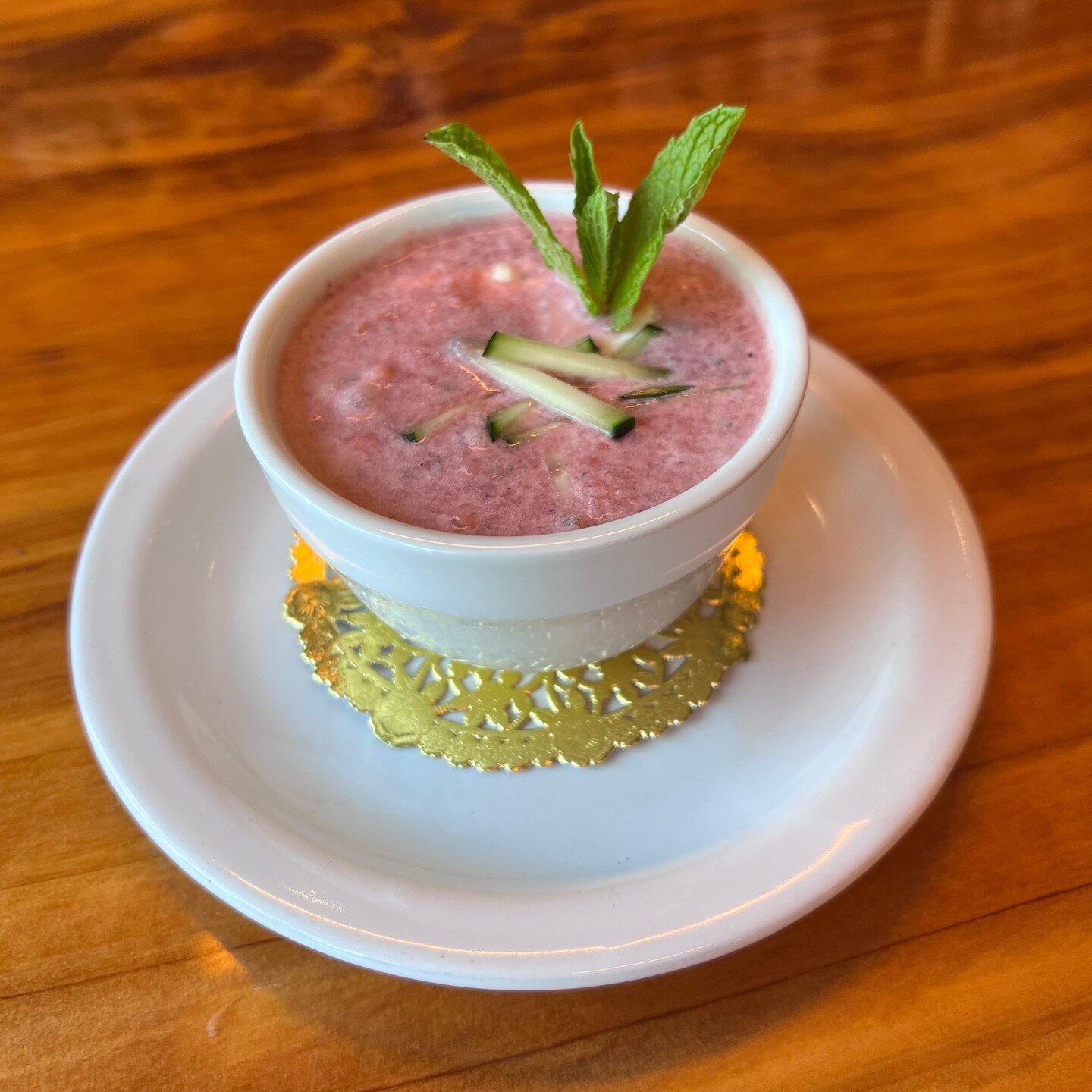 ***New Soup***⁠
⁠
Strawberry Cucumber Gazpacho⁠
⁠
We know cold soup isn't for everyone, but if you're a fan or at least have an open mind, this is THE ONE!!! A little mint, jalapeno and creme fraiche round out the flavors of this gem.⁠
⁠
Available No