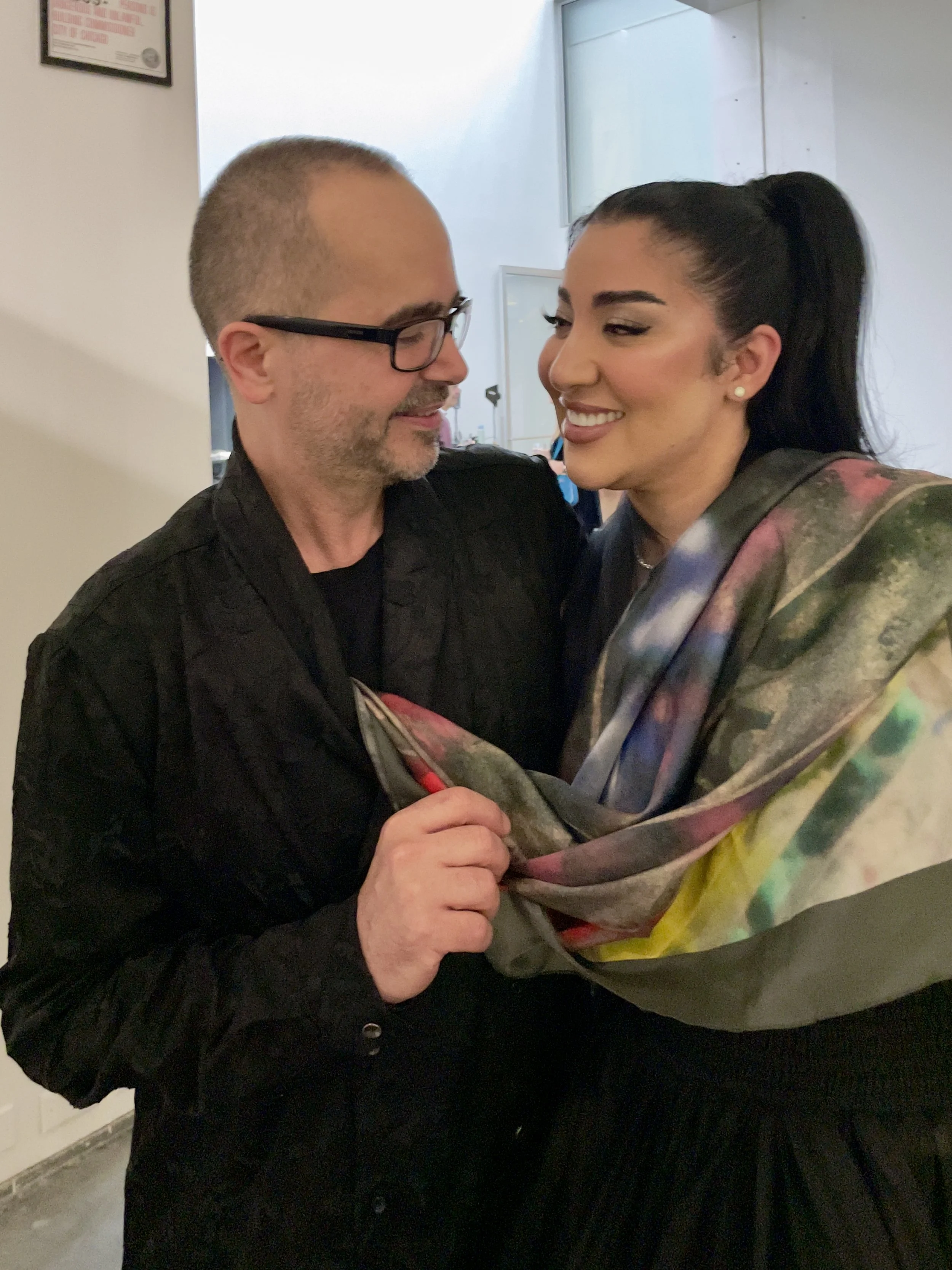 Wafaa Bilal with the "Viennese Steps" scarf at the MCA in Chicago
