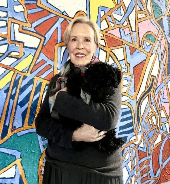 Susan Aurinko and Louie in Viennese Steps scarves.jpg