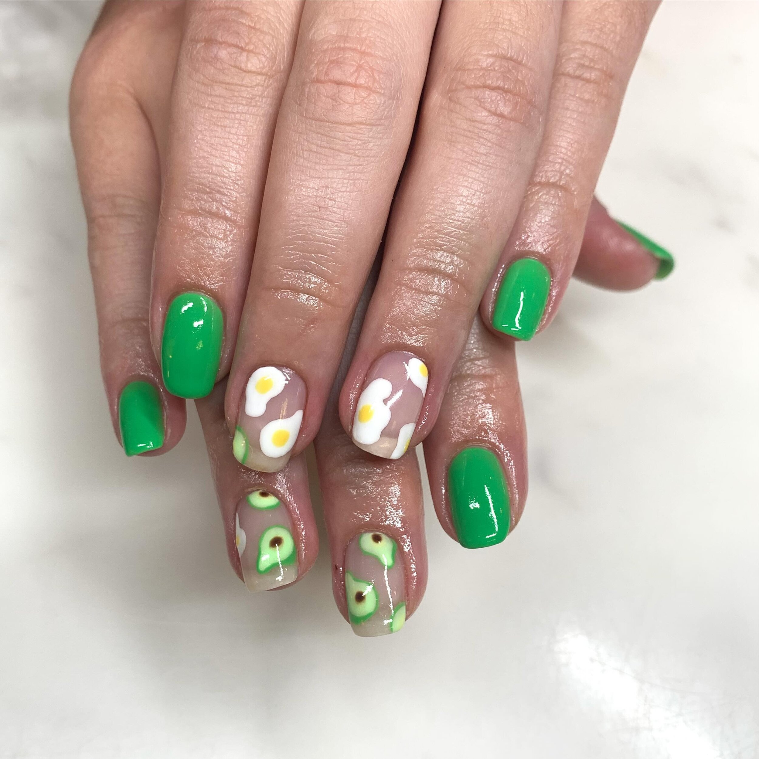 Cutest breakfast themed nails by Hitomi 🍳🥑🥹#breakfastnails#avocadonails#eggnails#biosculpturegel#bestnailsinmelbourne#bestnailartinmelbourne