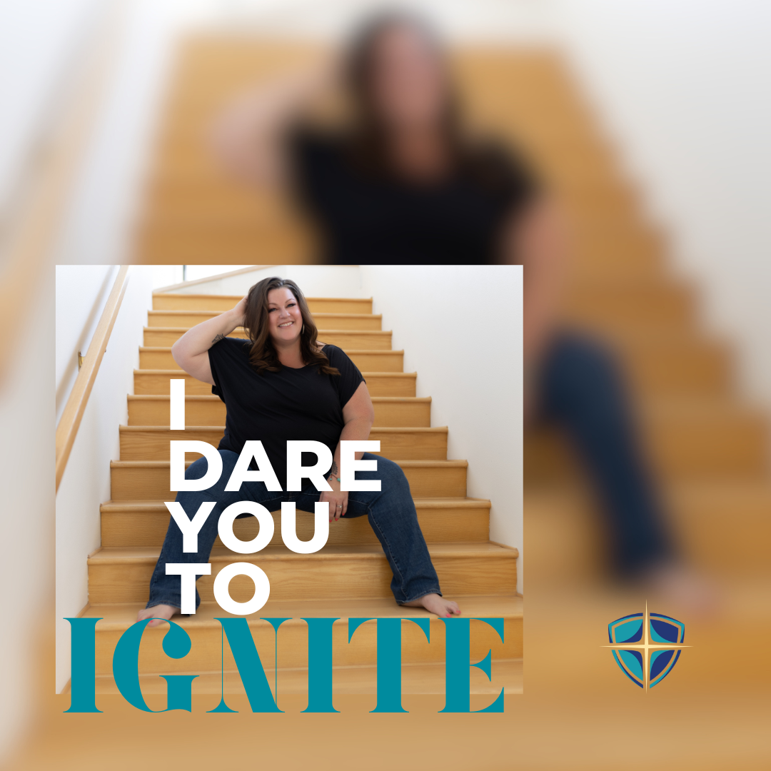 CHRISTINE WELCH  sitting on wooden stairs smiling, with text overlay that says "I dare you to ignite."