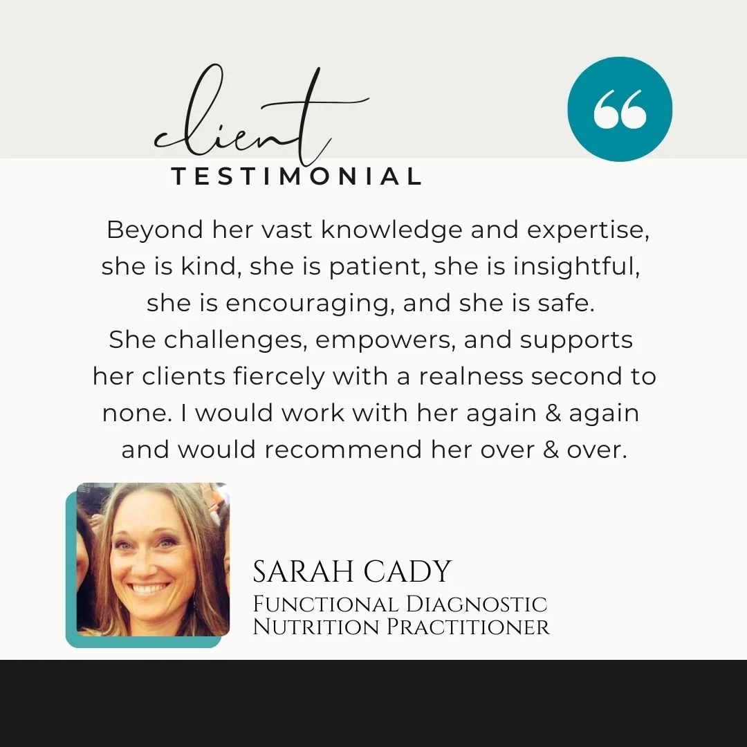 Client testimonial for Sarah Cady, a functional diagnostic nutrition practitioner, with a photo of her smiling and quote text praising her knowledge, kindness, patience, and support.