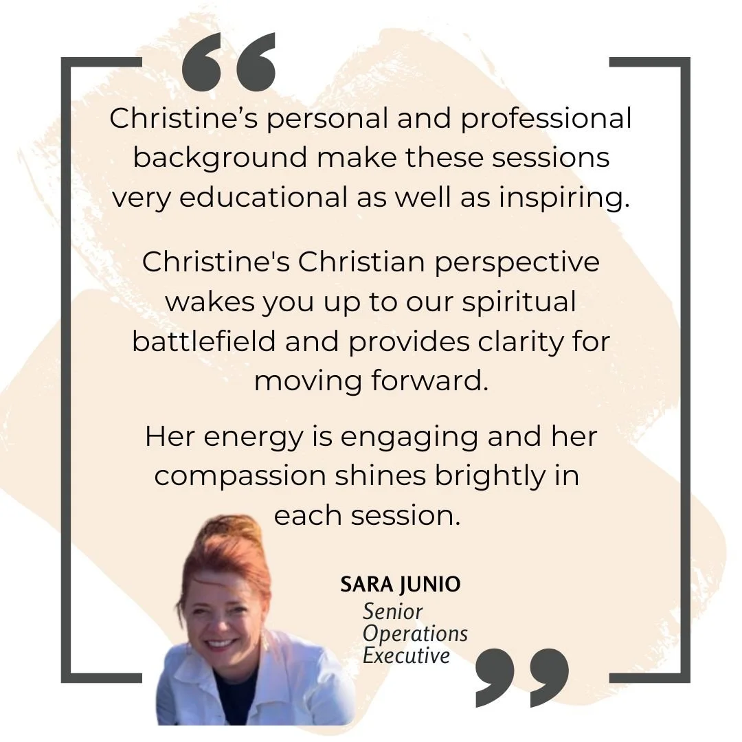 Testimonial quote in a graphic featuring a woman's photo, with a beige brushstroke background and gray border, praising Christine's sessions for being educational and inspiring.