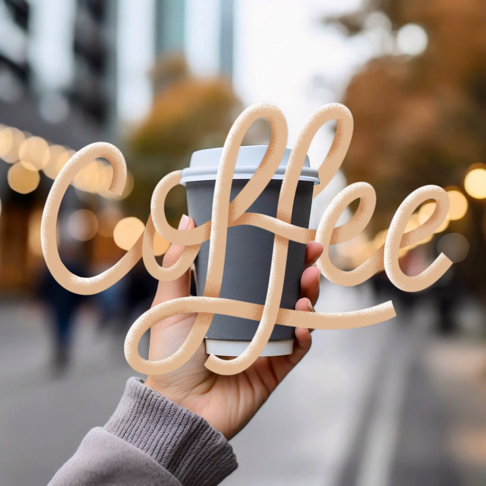 Hand holding a coffee cup with the word 'coffee' in cursive overlay, blurred city street background.