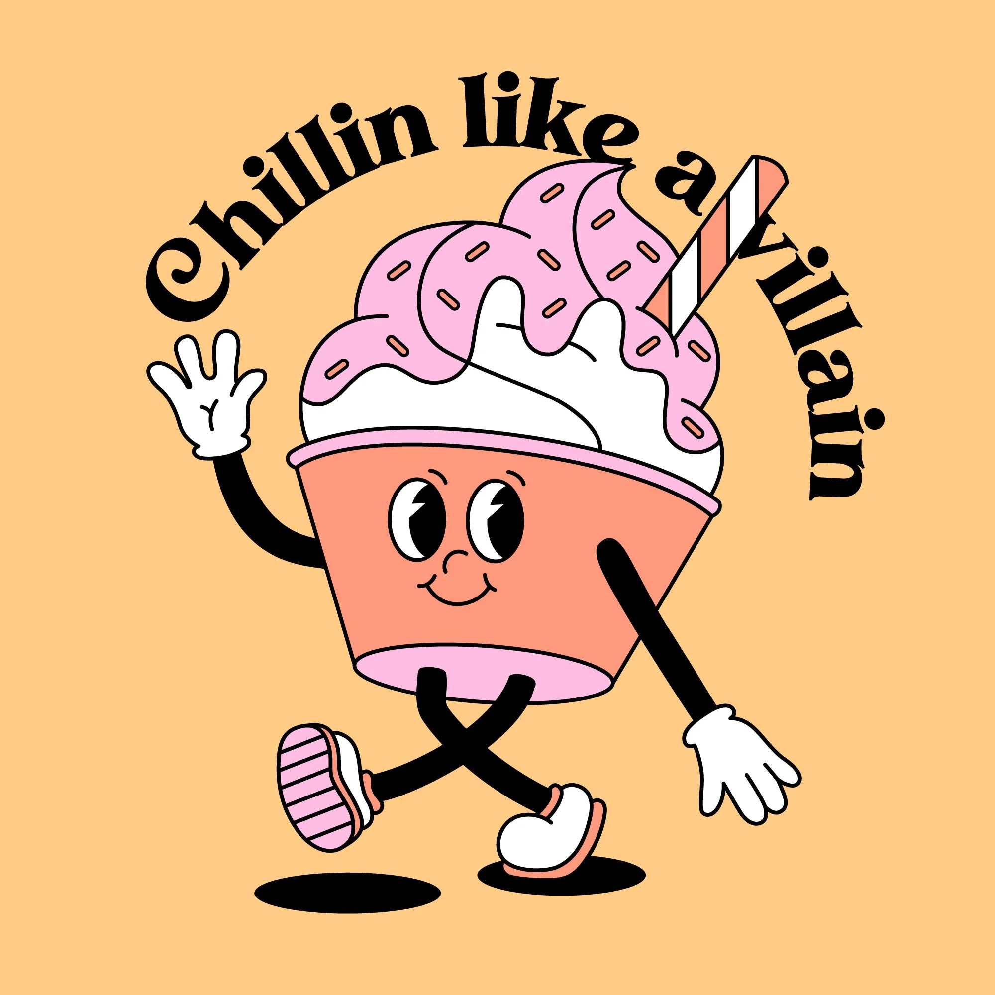 A cartoon-style ice cream cup with a smiling face, arms, and legs, waving with one hand and pointing with the other. The ice cream has pink ice cream with sprinkles and a striped straw. The background is light orange, and above the ice cream character, the text reads "chillin like a villain."