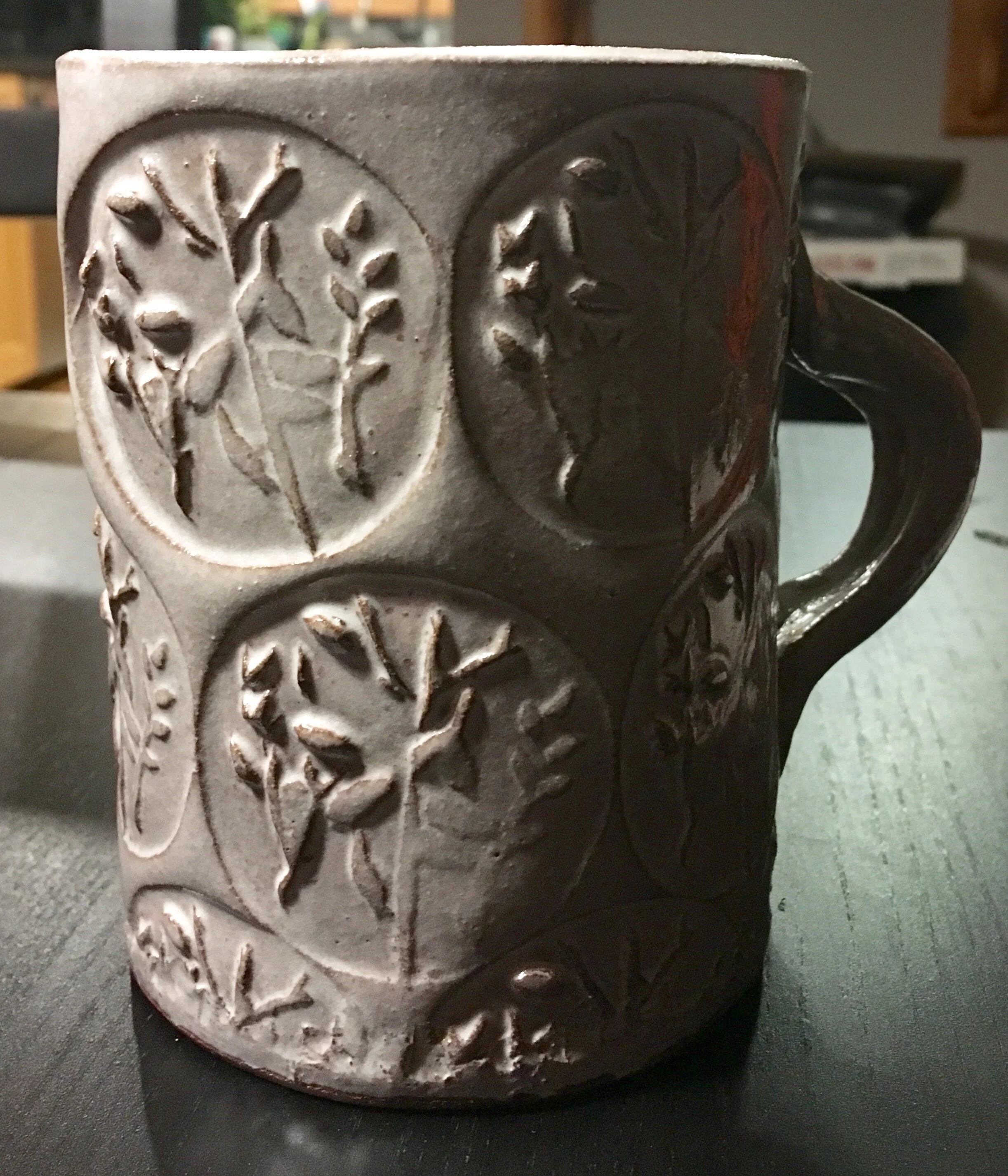 hand built hand made stamp mug- 5 "