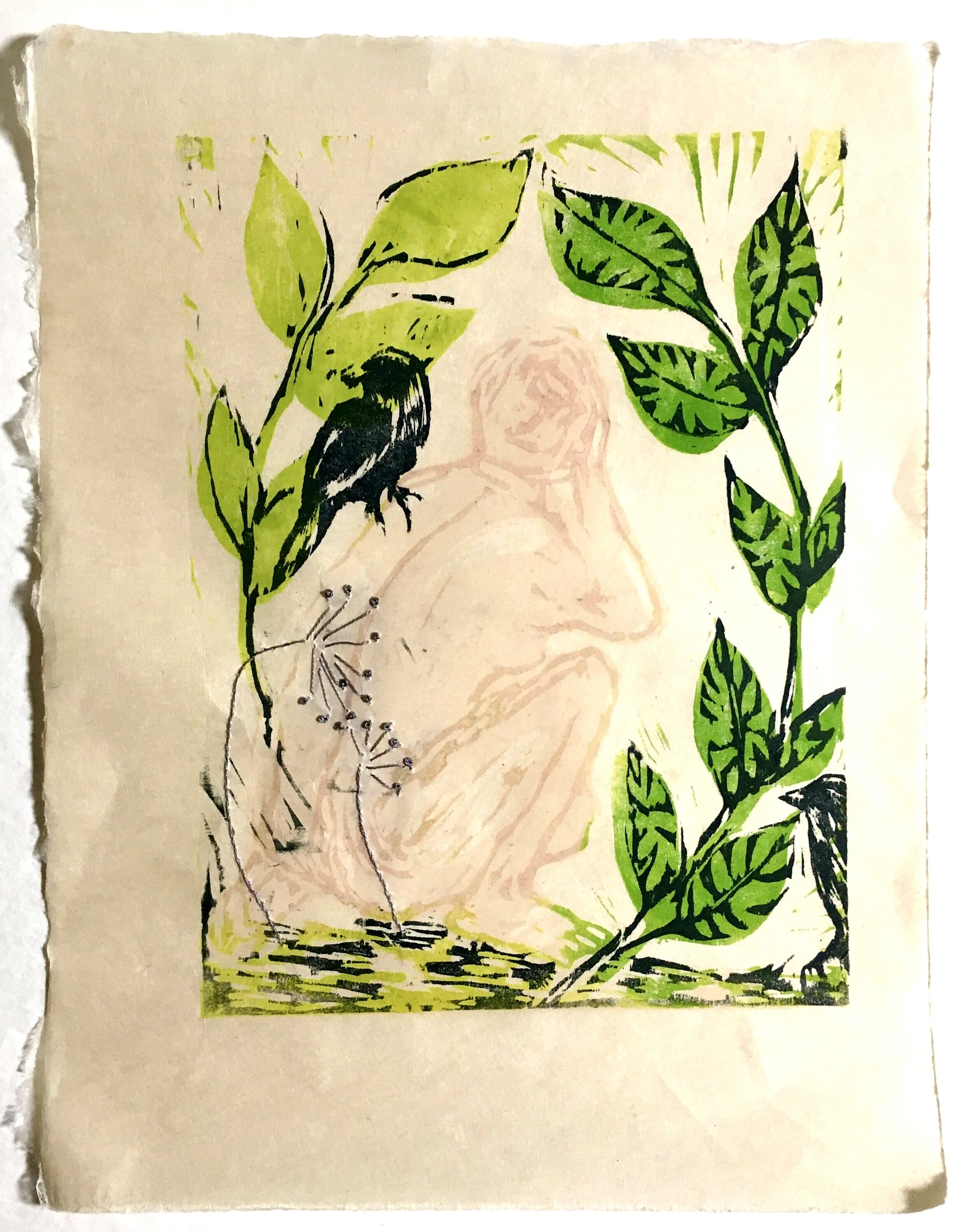 Multi block woodcut with embroidery- image 6" x 8"