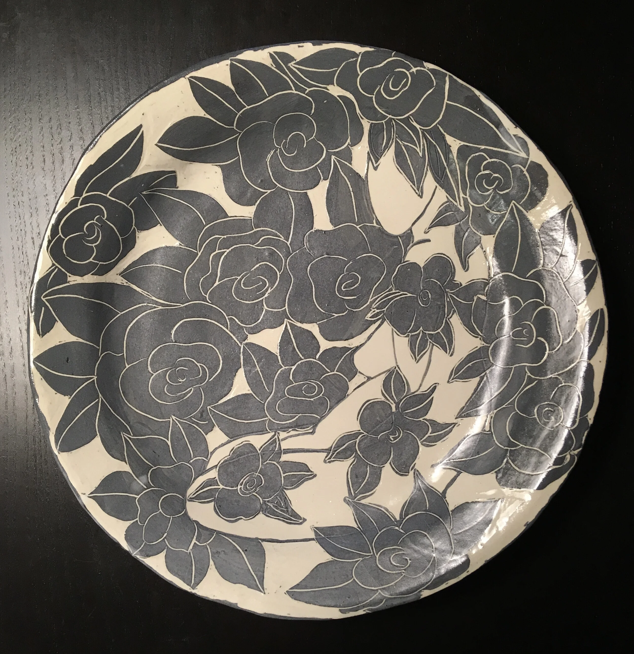 hand built sgraffito plate- 10"