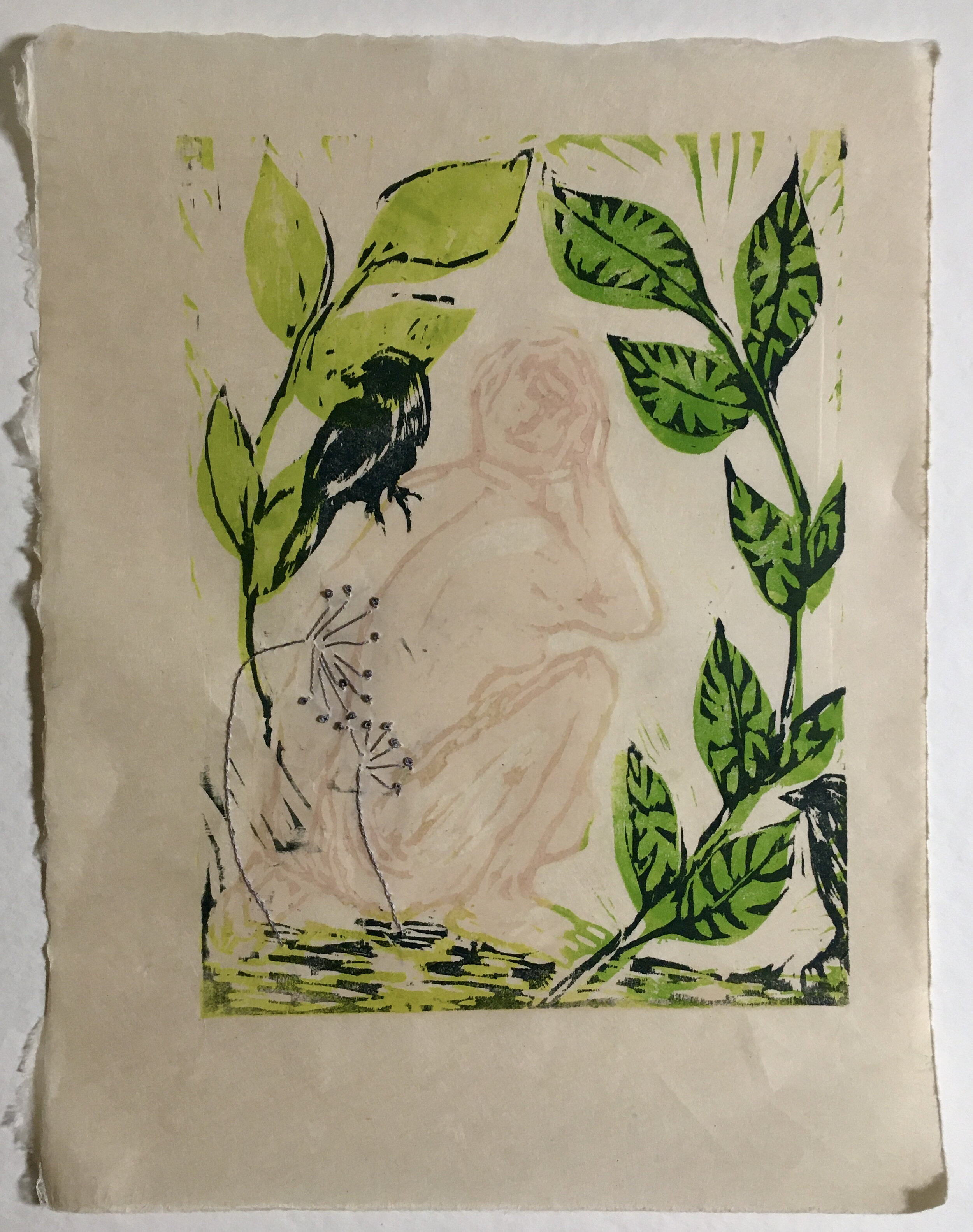 Multiple Block woodcut with embroidery of 6- 8" x 10"  Kitakata paper