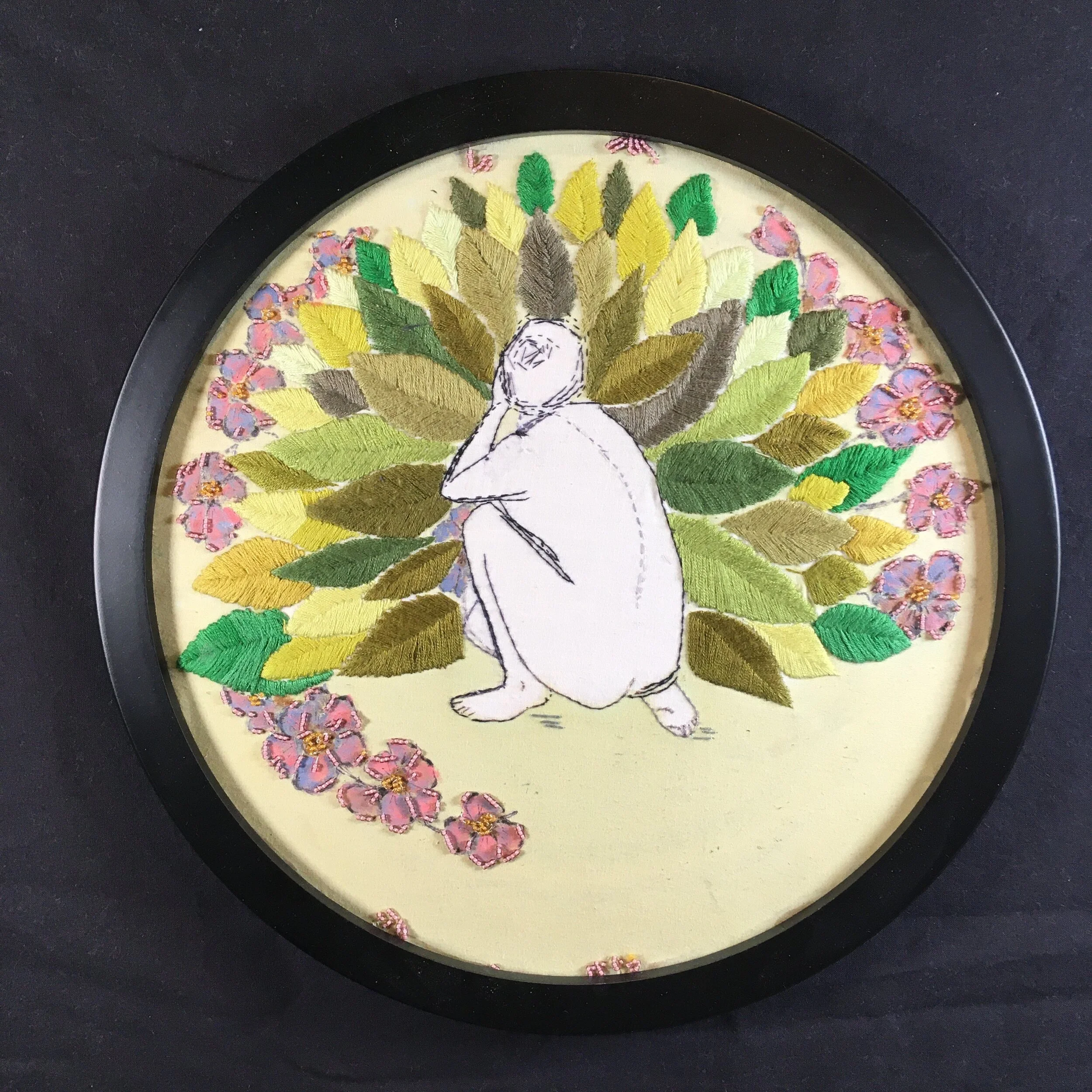 "Eve Ponders"- 14 " framed embroidered, painted and beaded