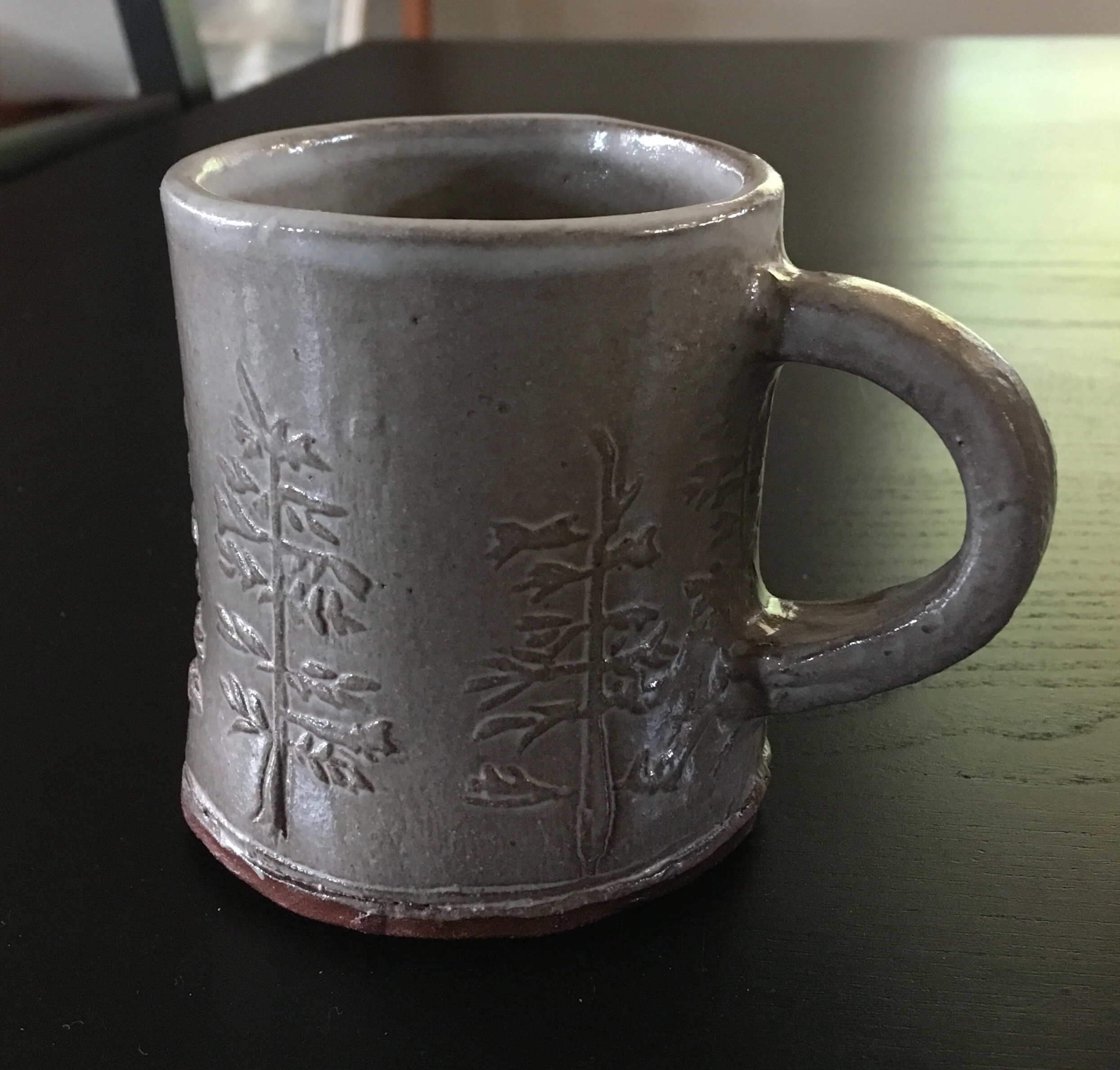 hand built hand made stamp tree mug- 4"