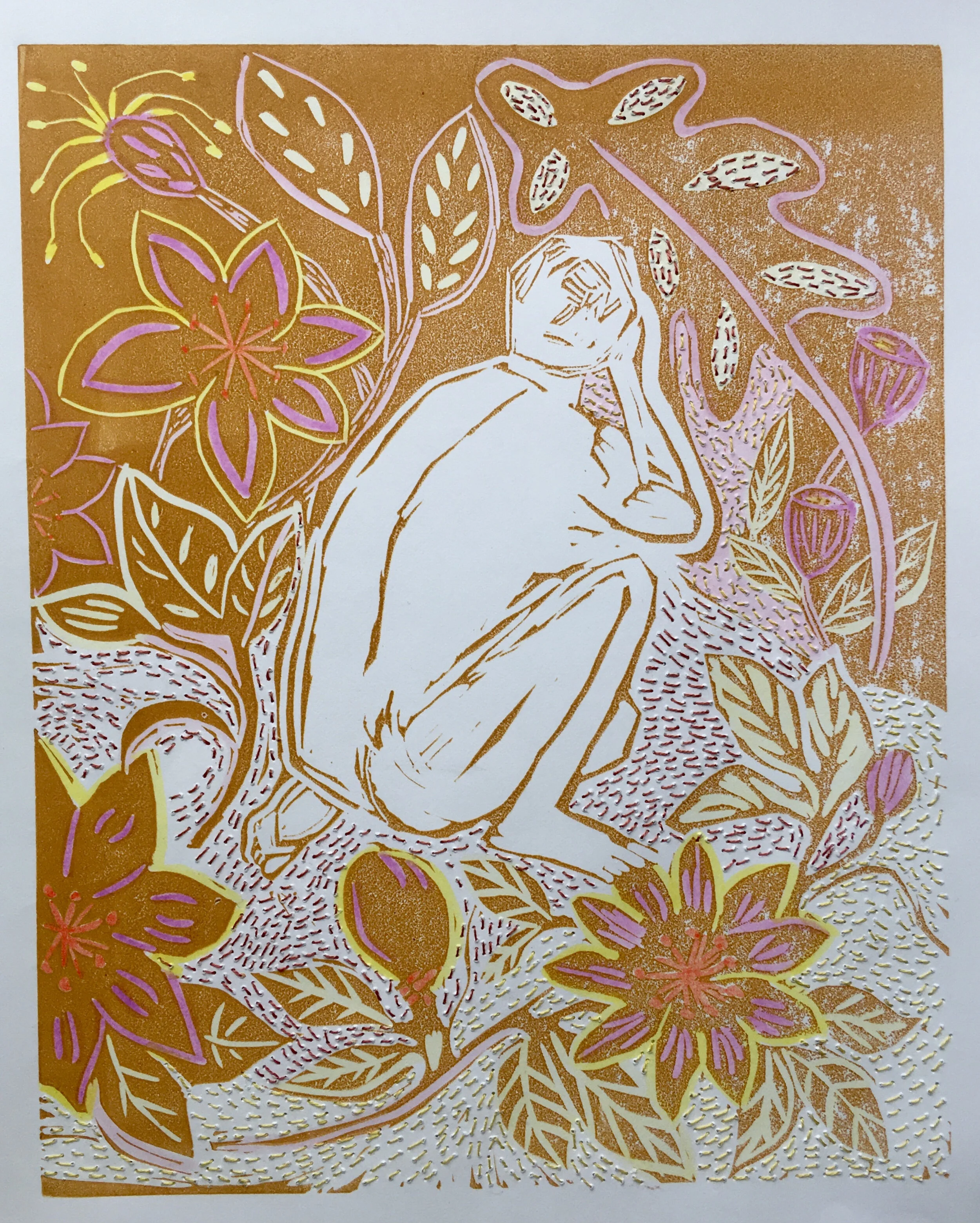 Linoleum monotype with embroidery- image 8" x 10"