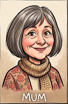 A cartoon illustration of an elderly woman with gray hair, smiling, wearing a patterned cardigan and a knitted scarf, with the word 'MUM' written below.