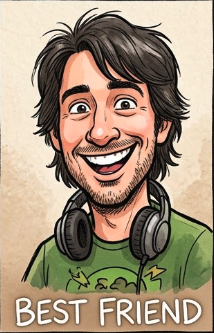 Cartoon illustration of a man with dark hair, a beard, wearing headphones around his neck, smiling widely, with the words 'Best Friend' at the bottom.