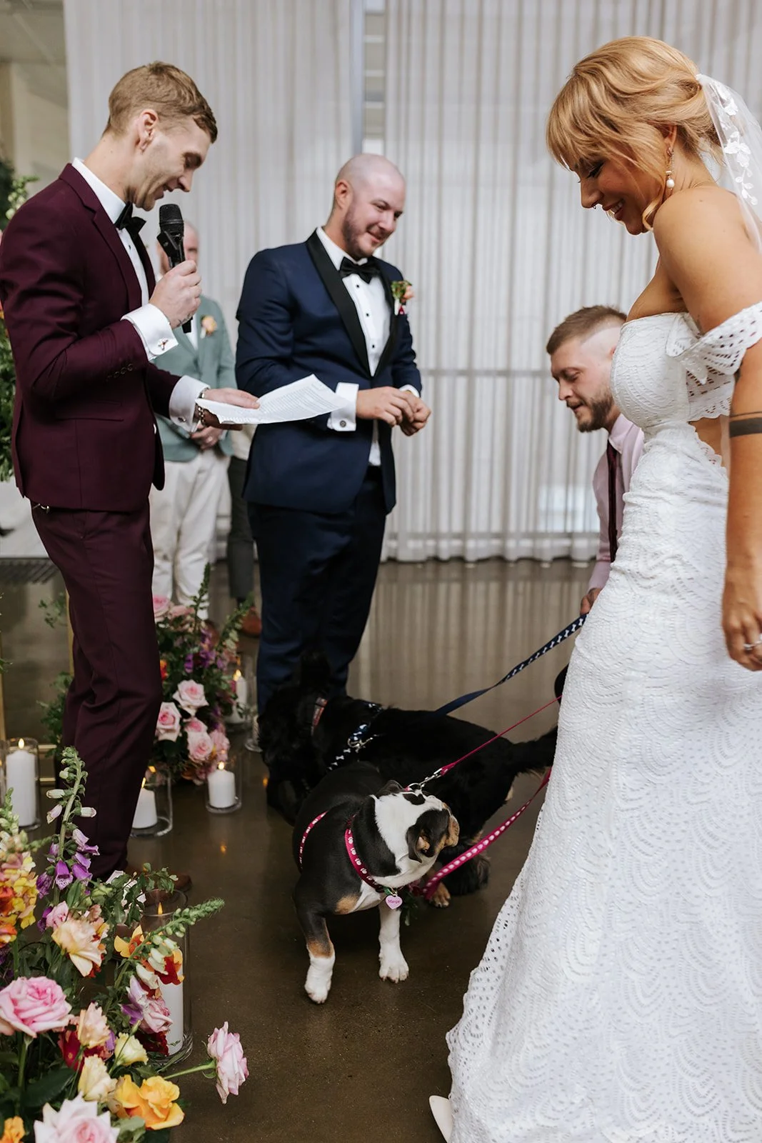 A wedding ceremony with a bride and groom, a officiant reading vows, and two dogs on leashes, with wedding guests and floral decorations in the background.