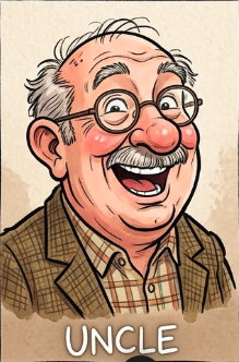 Cartoon illustration of a smiling older man with glasses and balding hair, wearing a brown checkered jacket and shirt, labeled 'UNCLE'.