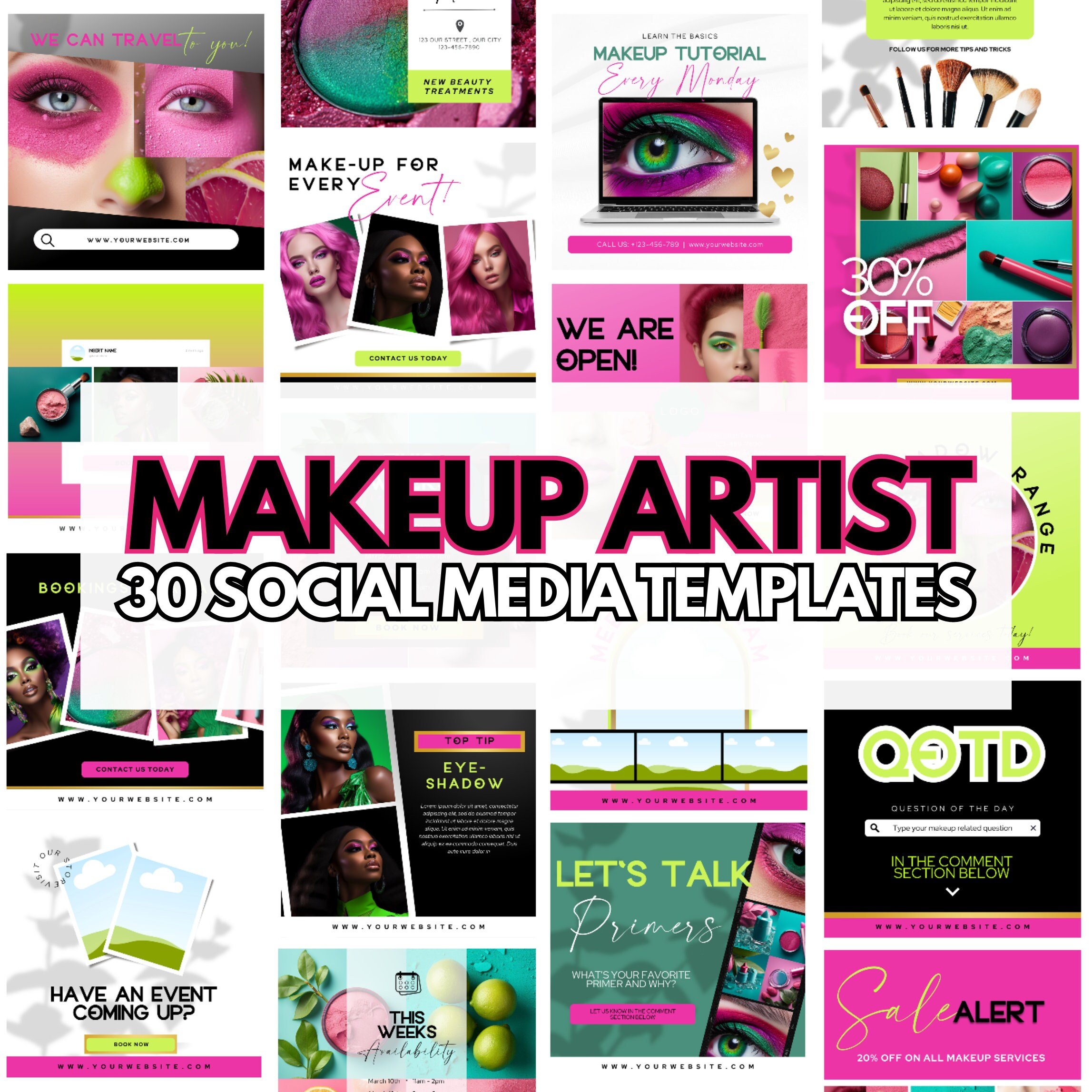 30 Custom Social Media Templates for Makeup Lovers | Fuchsia & Citric Green | Instant Download