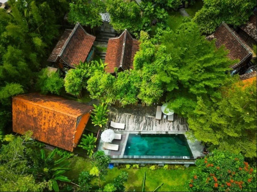 Aerial view of a backyard with a swimming pool, surrounded by lush green trees and plants, including a wooden deck with lounge chairs and umbrellas, and small traditional buildings with red-tiled roofs.