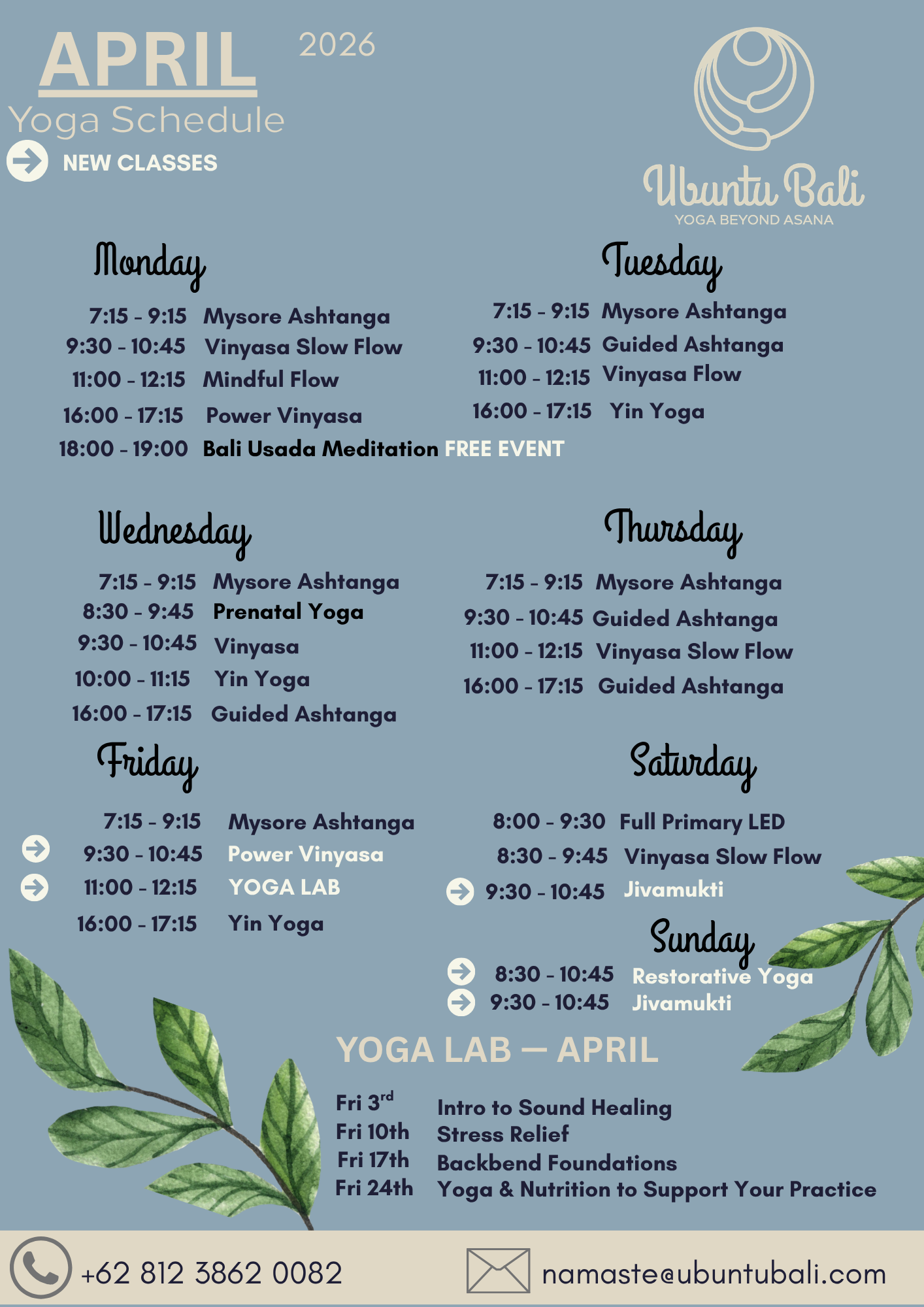 April 2026 yoga schedule for Ubuntu Bali, titled 'Yoga Beyond Asana,' listing classes from Monday to Sunday with times and class types, alongside decorative green leaves at the bottom corners.