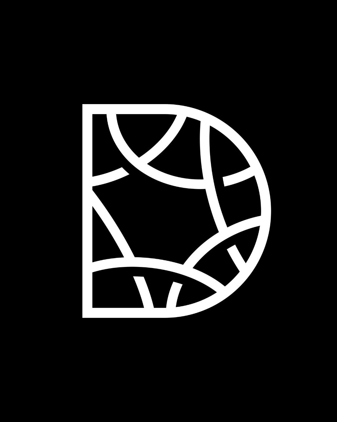 Lettre D en art abstrait avec lignes blanches sur fond noir.