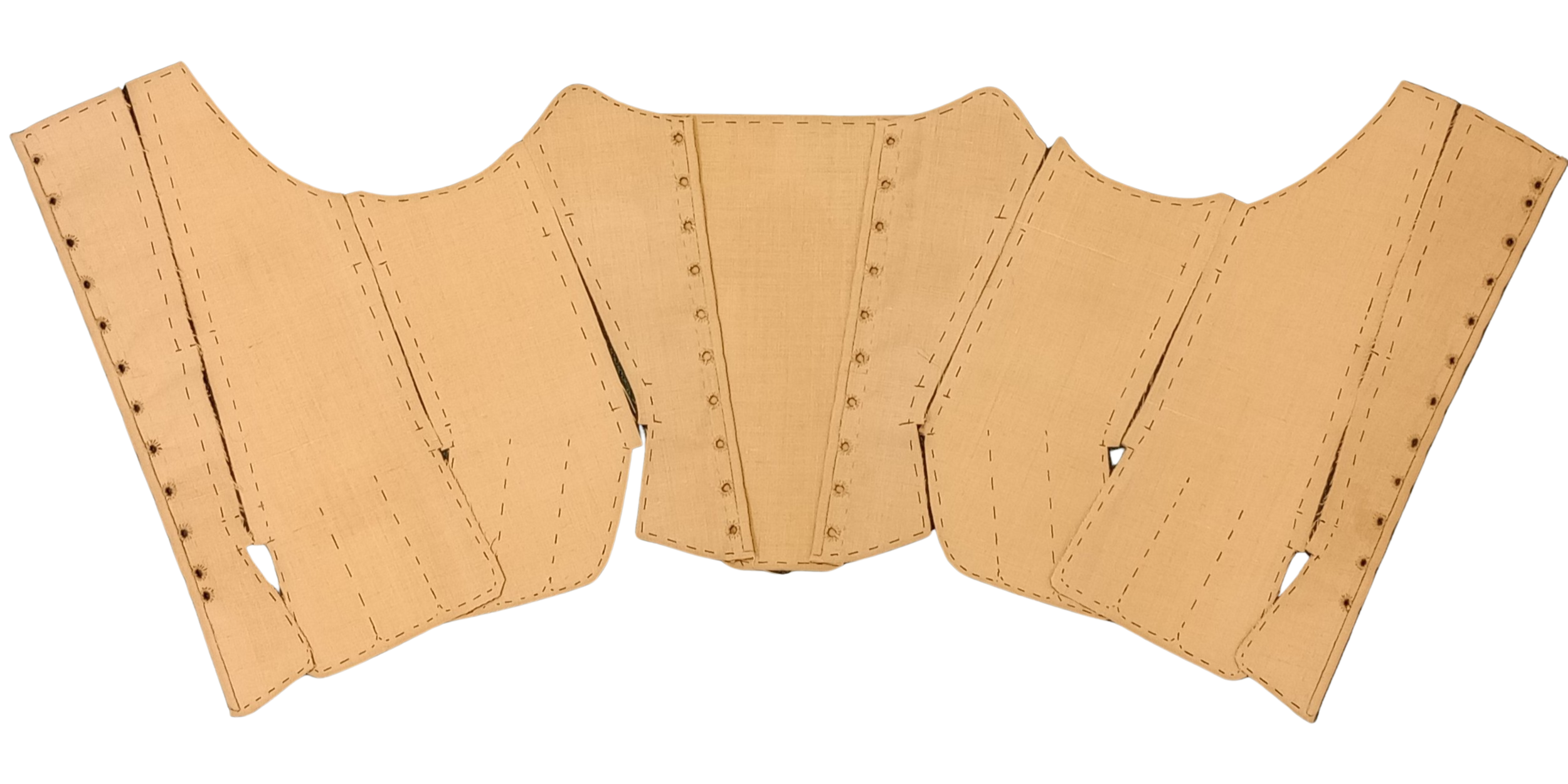 All the panels for a pair of 1740s stays, laid out flat. The panels are cut from tan-coloured linen canvas, with eyelets hand-stitched in heavy cream-coloured linen thread.