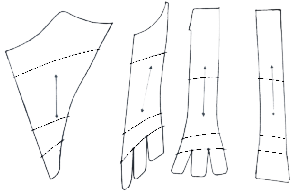 Pattern pieces for 1760s back-lacing stays, with grainlines and notches (where panels need to be matched up) clearly marked.