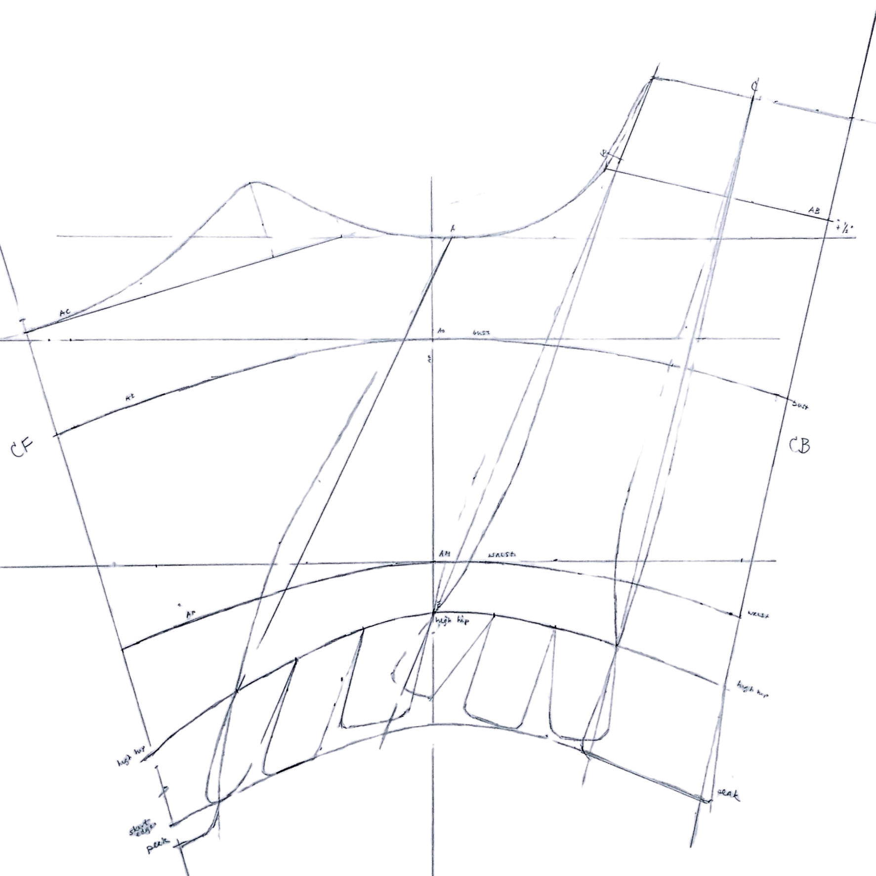 Master arc-drafted pattern of a 1760s pair of back-lacing stays.