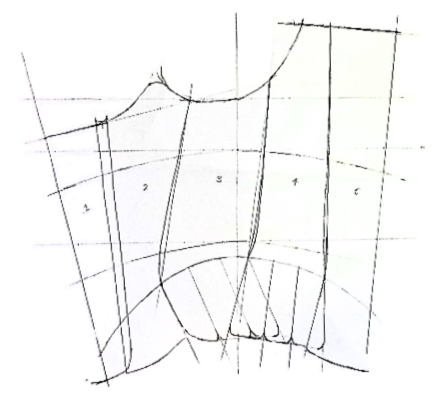 Master arc-drafted pattern of a 1740s pair of front- and back-lacing stays.