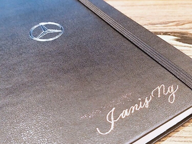 Hong Kong hk calligrapher, calligraphy gold foiling on Moleskine notebooks for Mercedes-Benz S-class activity at Chai Wan branding centre