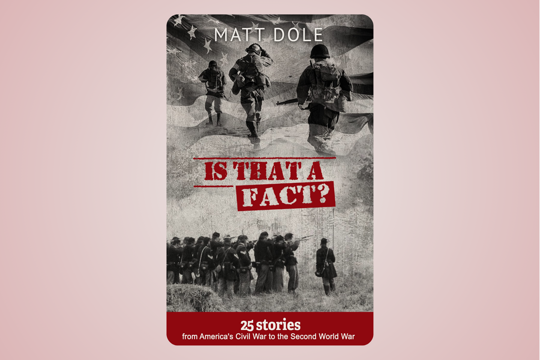 A book cover titled "Is That a Fact?" by Matt Dole. The cover features a collage of black-and-white images of soldiers, some walking and others aiming their rifles during wartime, with an American flag in the background. The bottom has a red band with white text stating "25 stories from America's Civil War to the Second World War."