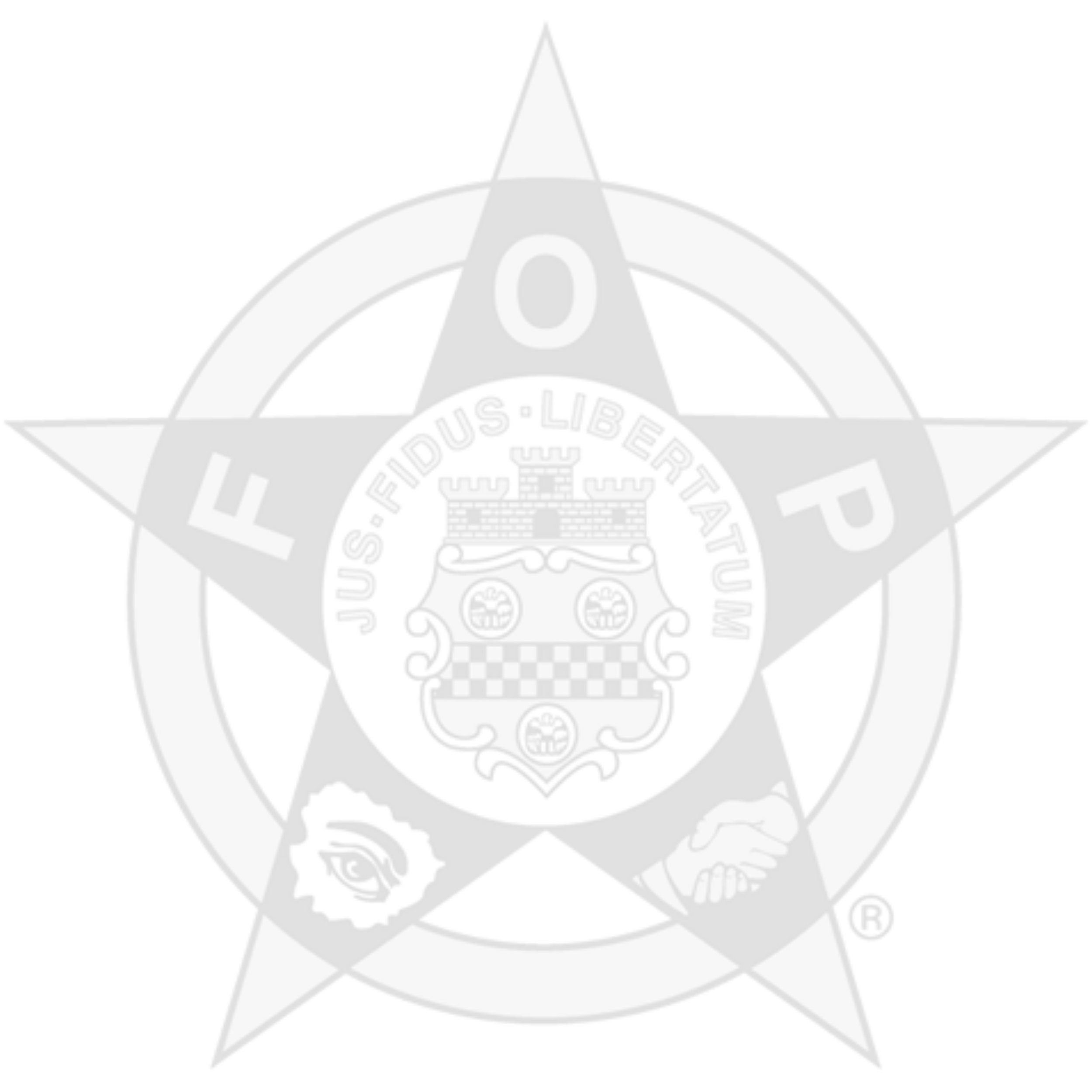 A badge featuring a star with the letters FOP on the points, a central seal with a shield, and the phrase 'Jes Fiduss Fidetatum'. The badge appears to be a police or sheriff's insignia.