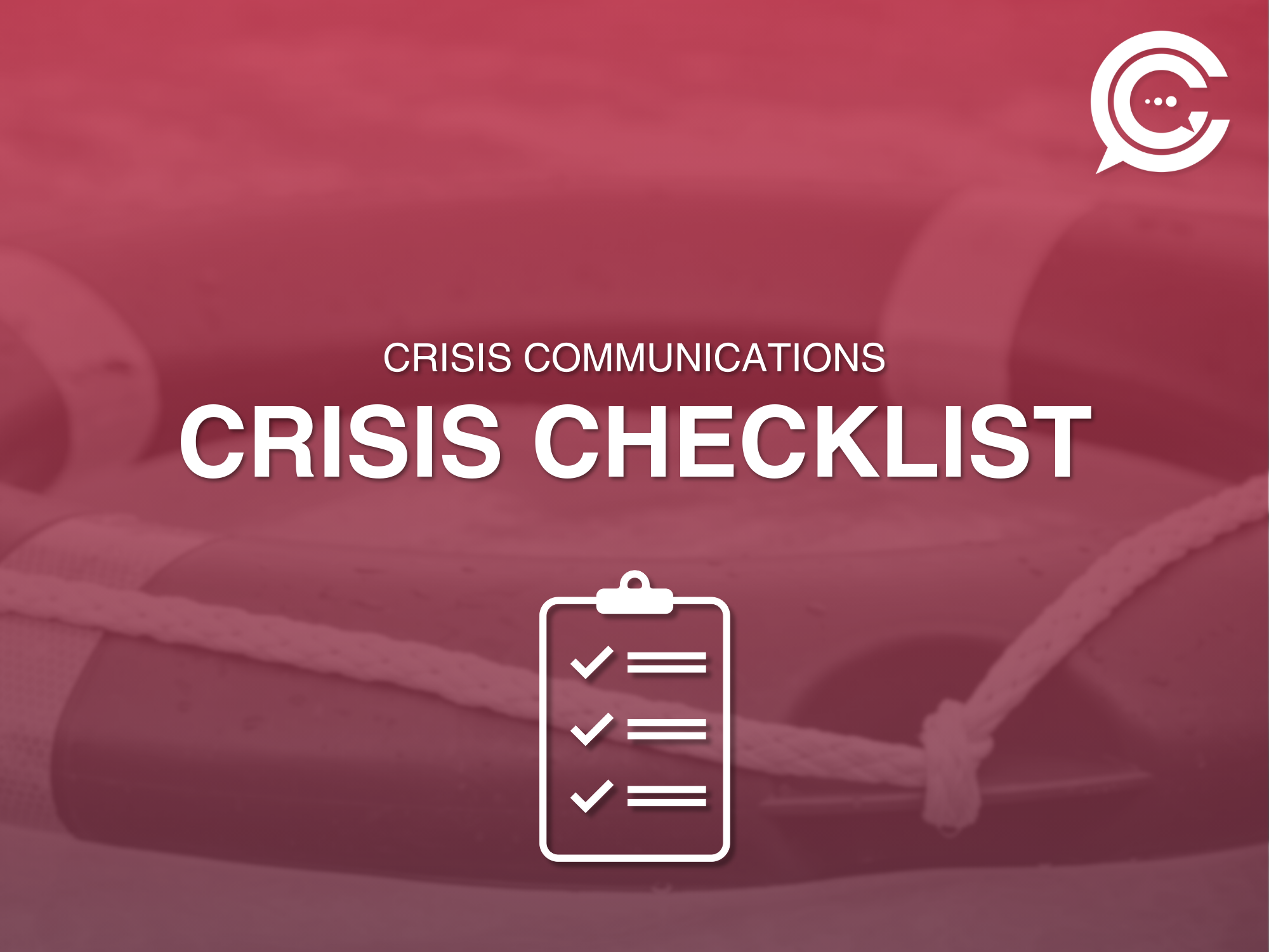 Crisis communications checklist featuring a background of a rolled bandage and a clipboard icon