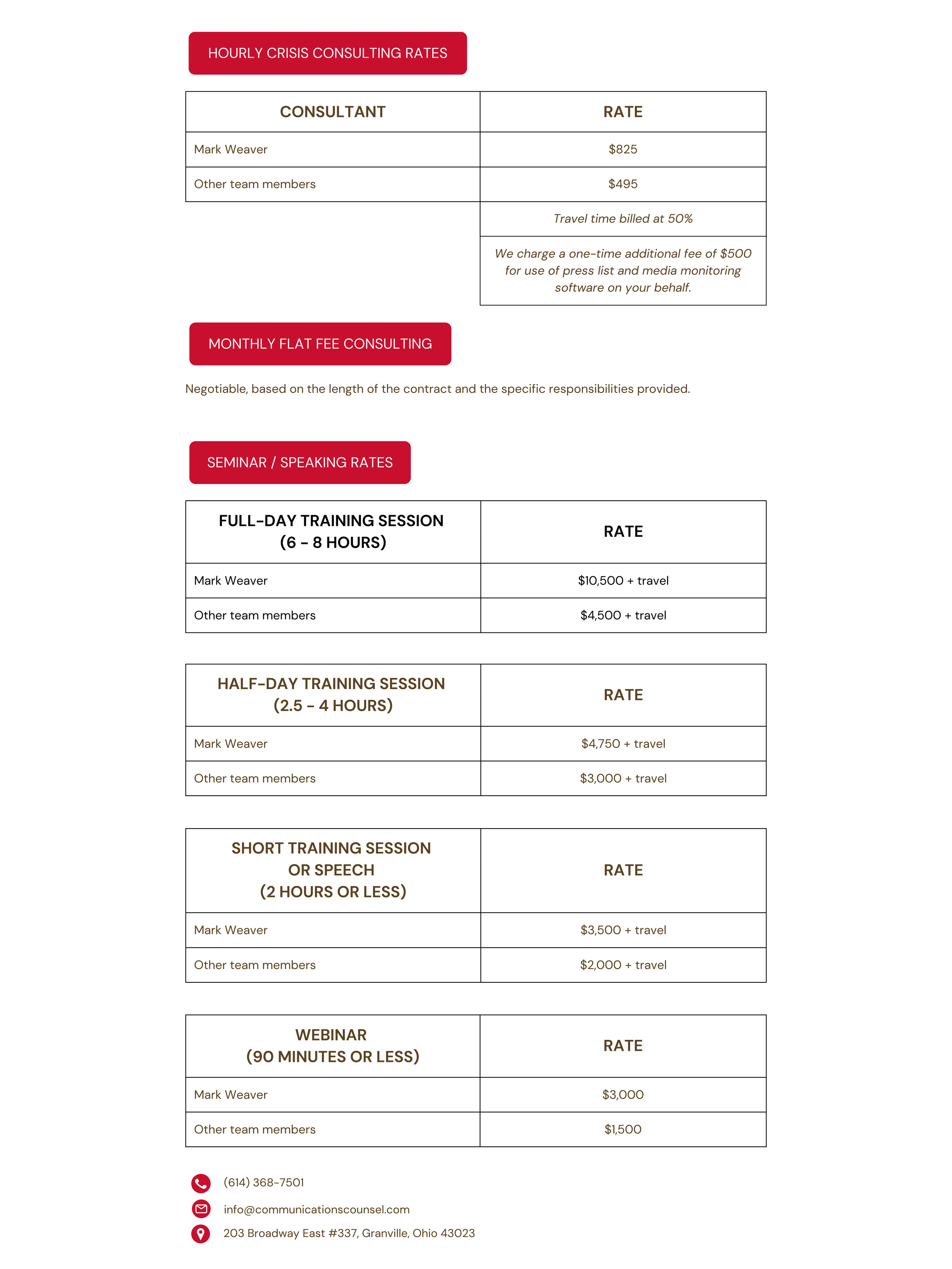 Pricing list for consulting services, seminars, and webinars including rates for individual consultants, team members, and various training sessions, with contact information at the bottom.