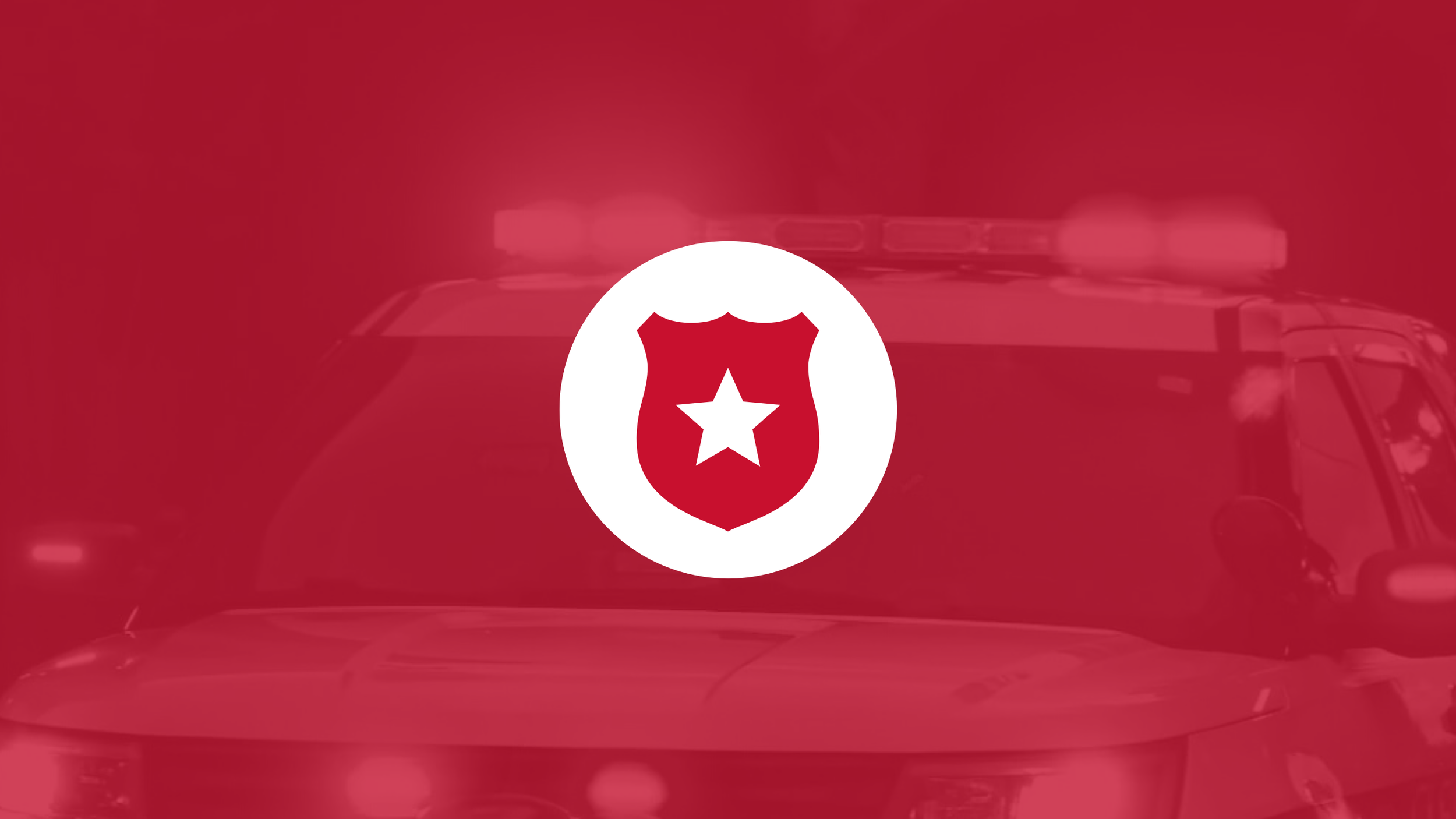A police car with emergency lights, overlaid with a white badge icon featuring a star in the center, set against a red background.