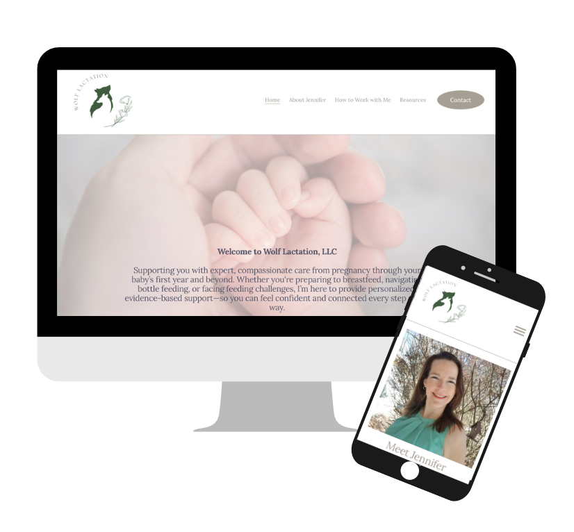 Website homepage for Wolf Lactation, LLC featuring a hand holding a baby's hand on a computer screen and a smiling woman on a smartphone screen, with a logo of a wolf and leaf above.