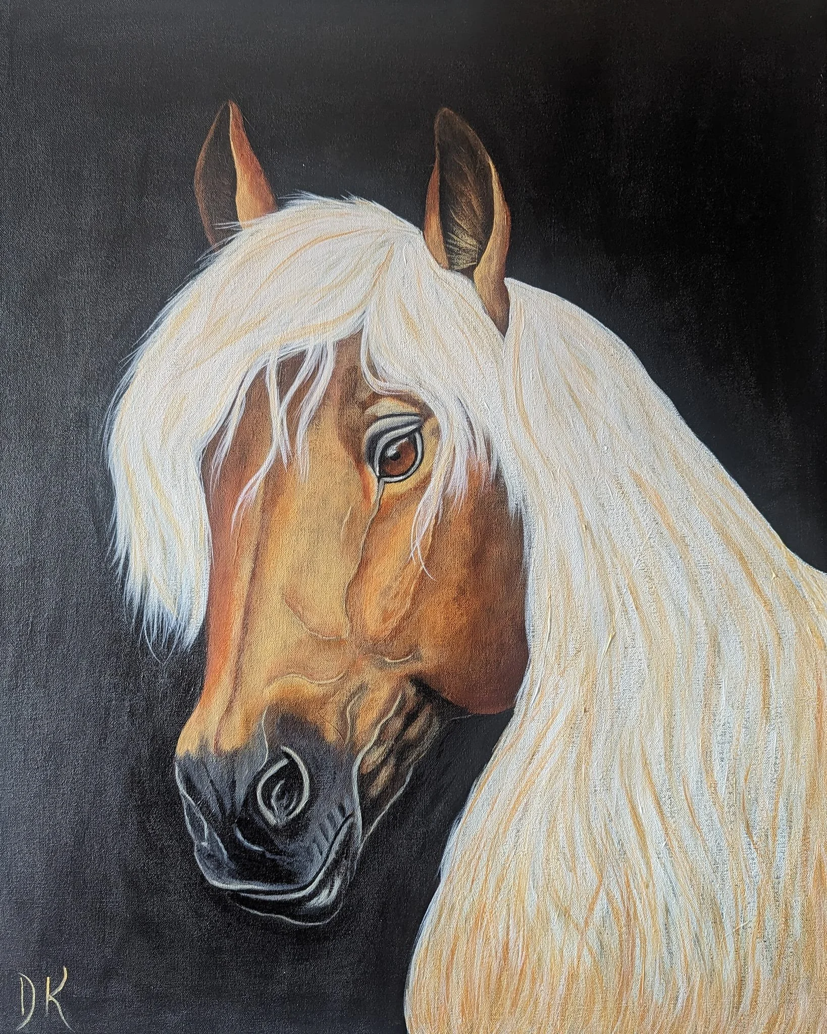 Painting of a horse with a light cream mane and a brown face, set against a black background.