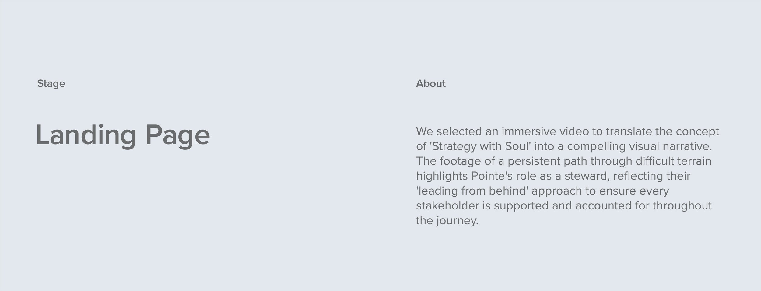 Screenshot of a webpage with a light gray background featuring the title 'Landing Page' in large font, with 'Stage' and 'About' links above, and a paragraph describing an immersive video concept for 'Strategy with Soul' in smaller font.