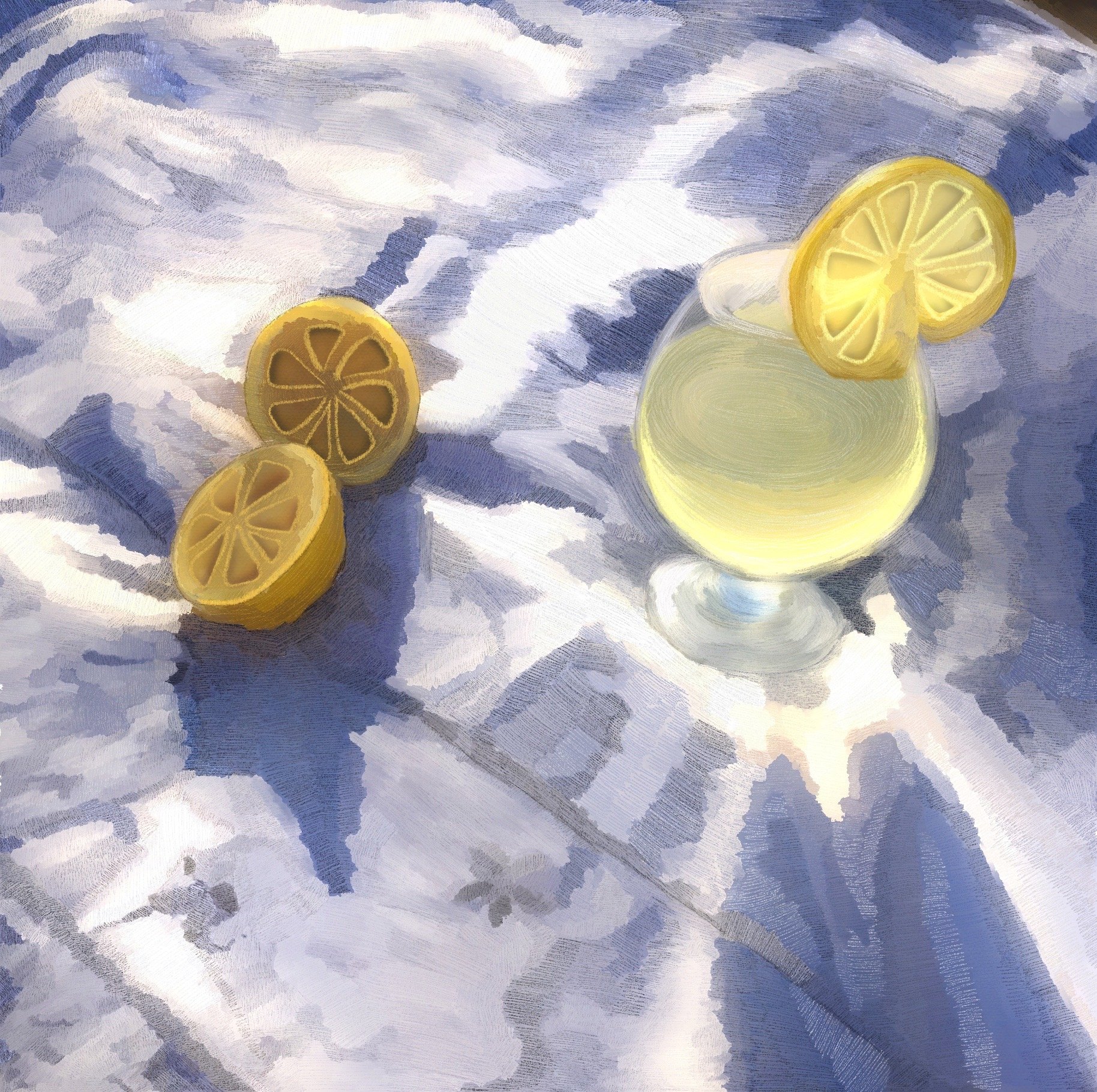 A glass of lemonade with lemon slices garnishing the rim, placed on a white cloth with lemon halves beside it.