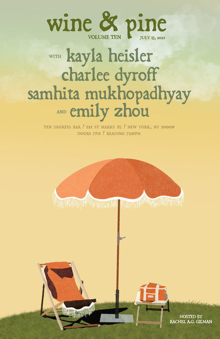 Event poster for a music concert featuring Kayla Heisler, Charlee Dyroff, Samhita Mukhopadhyay, and Emily Zhou, scheduled for July 15, 2024, at Ten Degrees Bar in New York City, with an illustration of a red-orange beach umbrella, a lounge chair with a towel, and a small bag on grass.