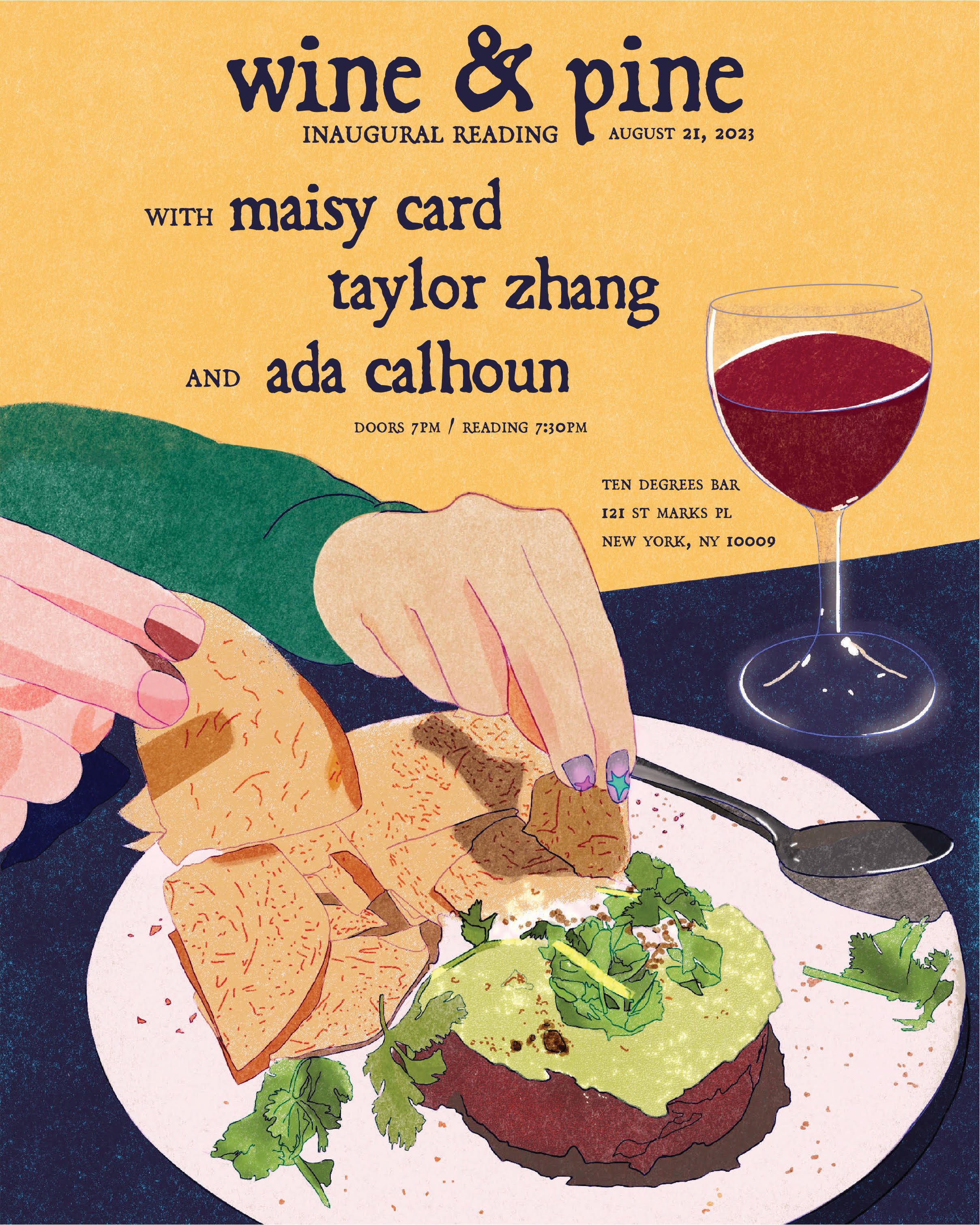 An event poster for 'Wine & Pine' featuring a glass of red wine and a plate with sliced bread, guacamole, and greens.