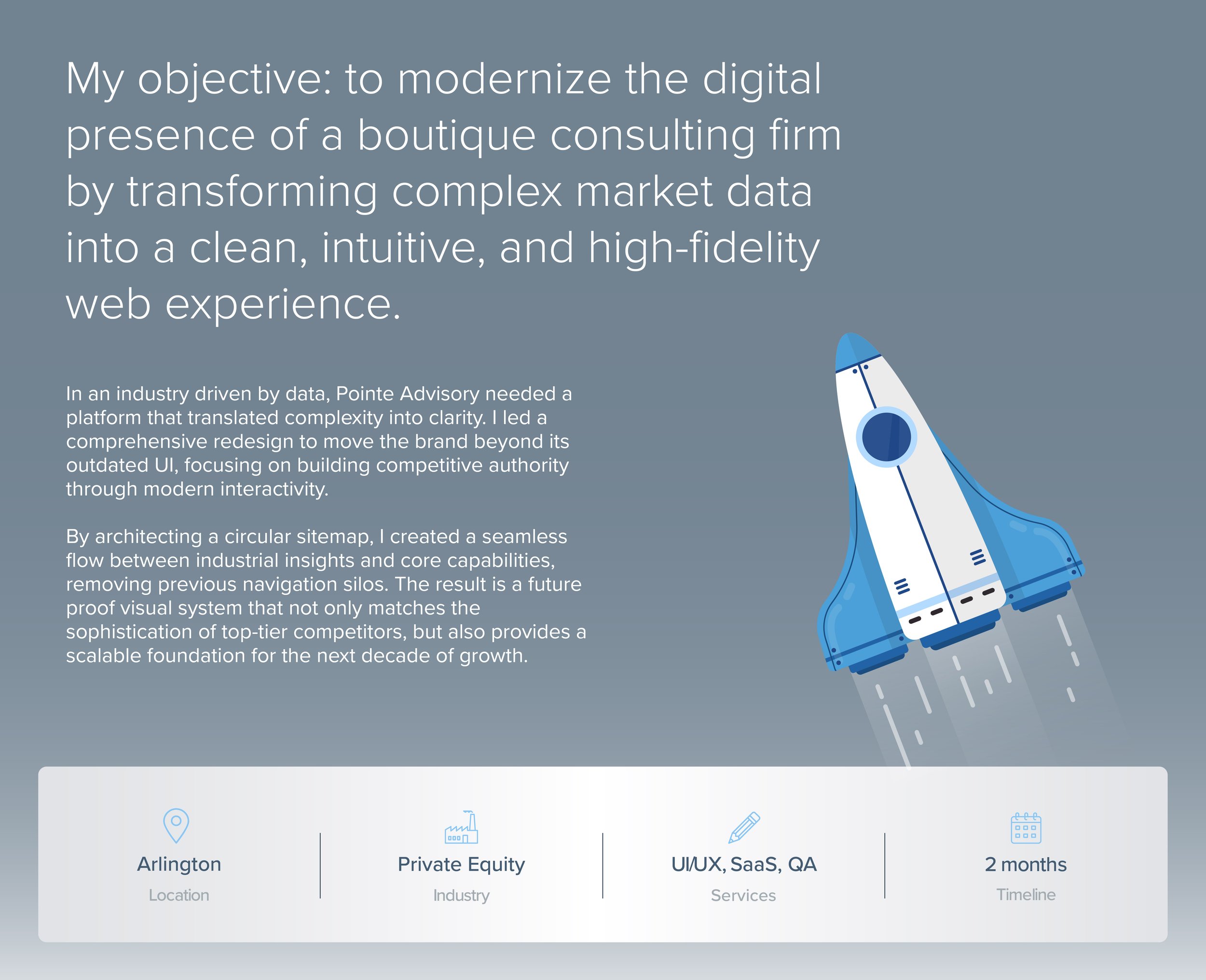 A graphic design presentation slide with a textured blue background and a rocket illustration. The slide contains a mission statement about modernizing a boutique consulting firm's digital presence, along with descriptive text and icons representing location, industry, services, and timeline.