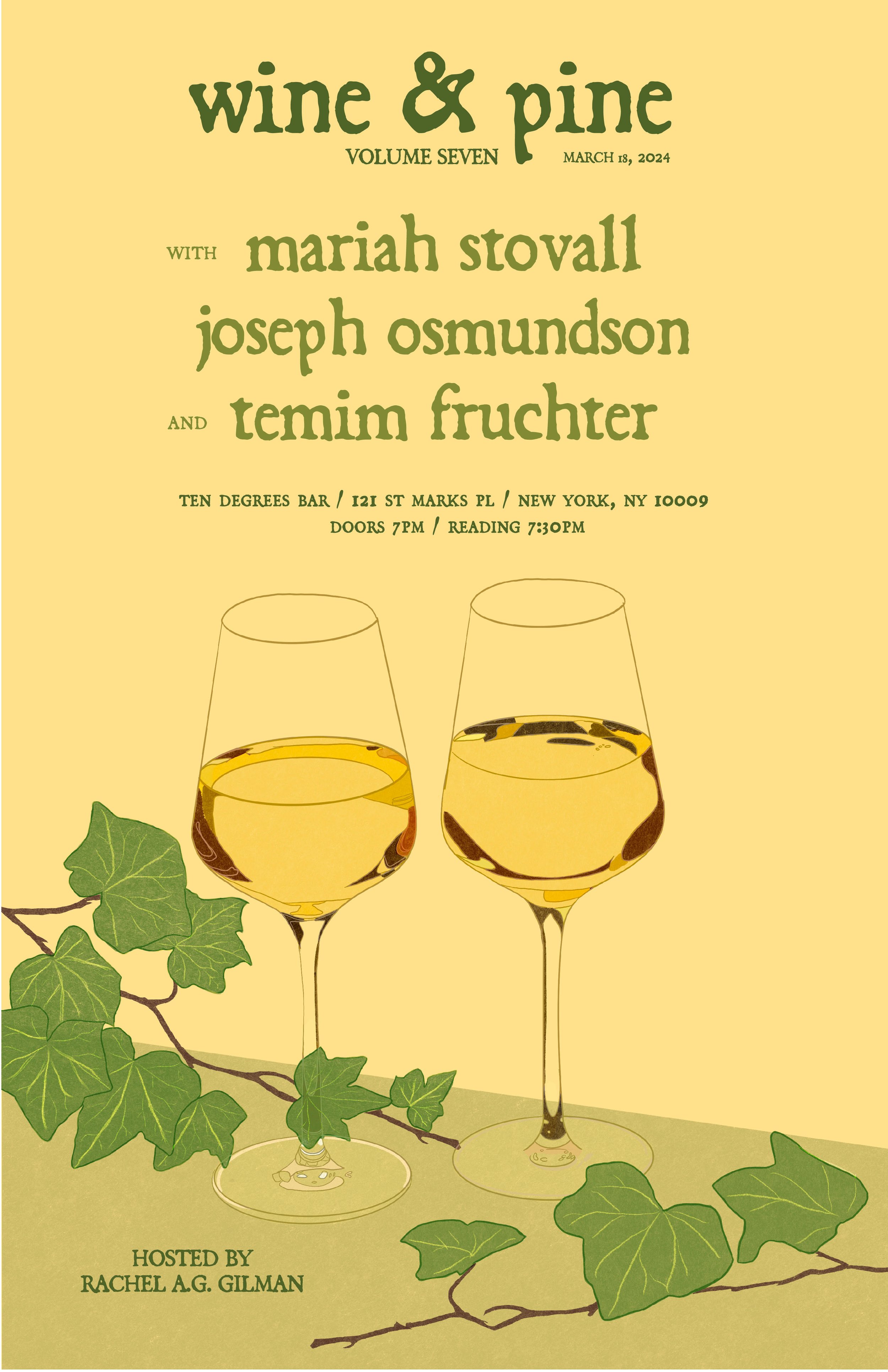 A digital illustration of two glasses of white wine with a green ivy plant on a pale yellow background, promoting a wine and pine event hosted by Rachel A.G. Gilman.