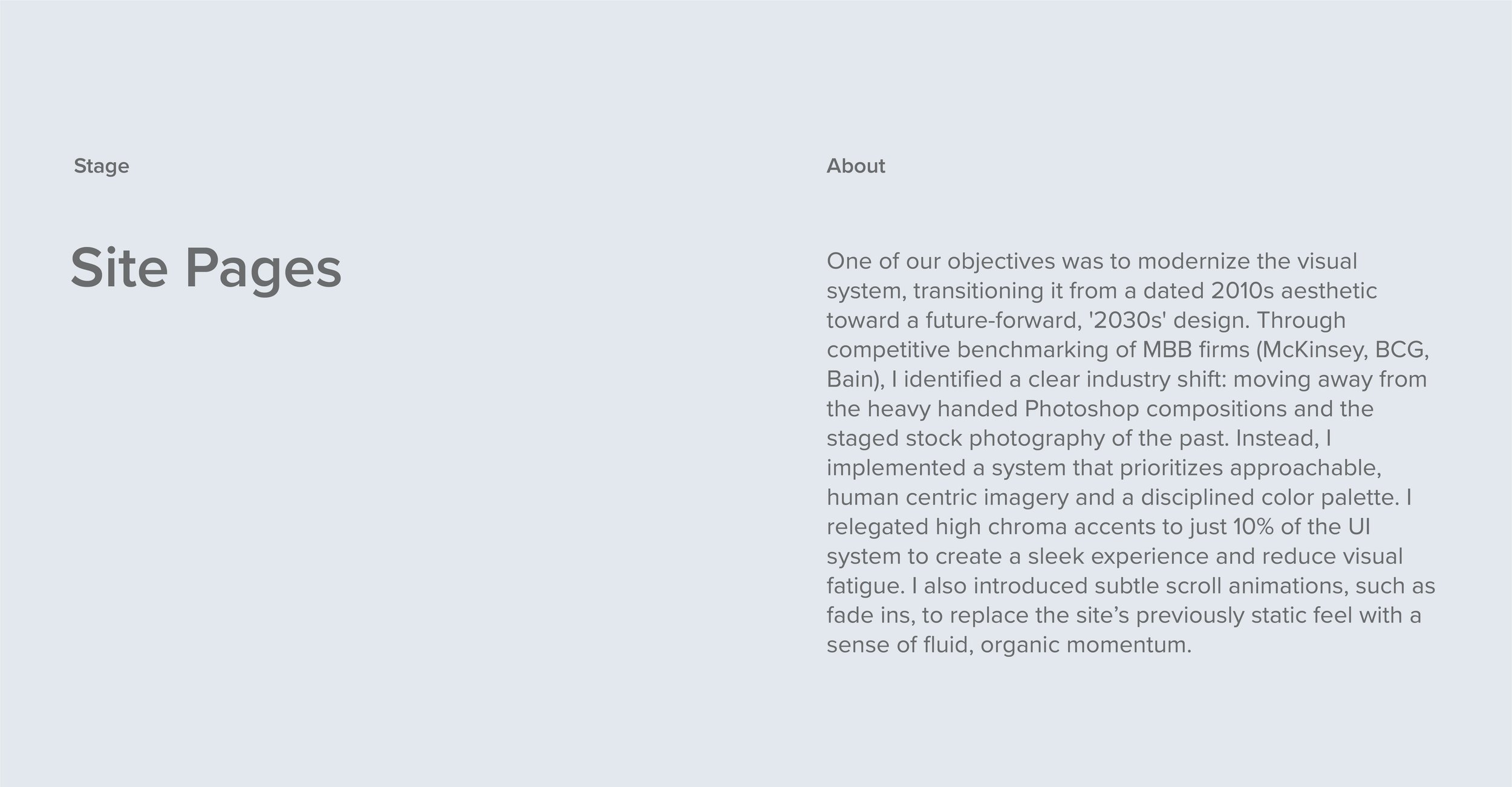 Webpage titled "Site Pages" with a light blue background, featuring sections labeled "Stage" and "About". The "Site Pages" heading is prominently displayed in bold, larger font.