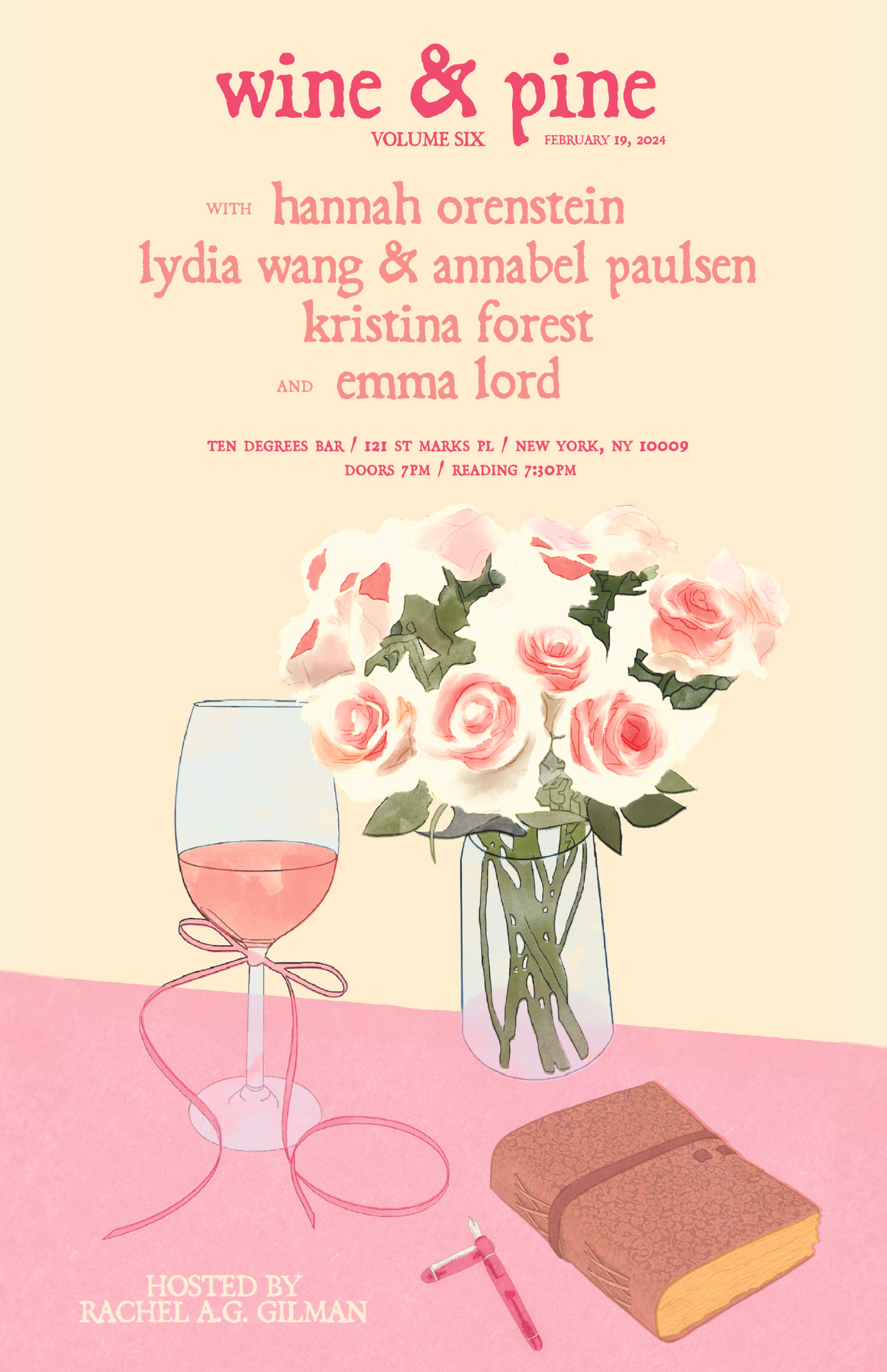 Illustration of a wine glass with pink wine, a bouquet of pink roses in a vase, a closed brown notebook with a decorative pattern, a pink fountain pen, all placed on a pink table. The poster promotes a wine and pine event.