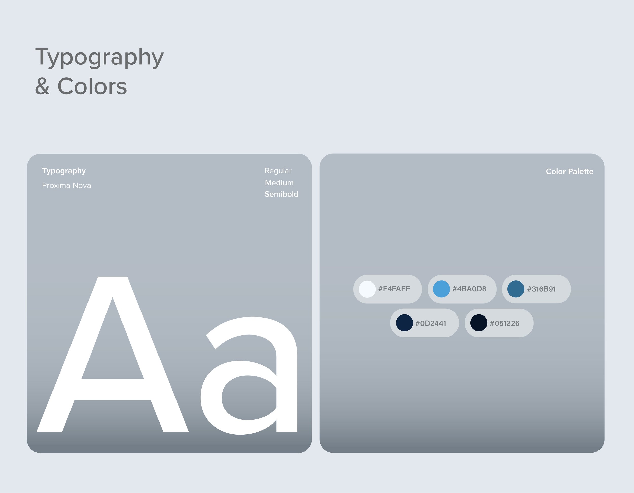 A graphic displaying typography and color palette information with the words 'Typography & Colors', showing a sample font letter 'A' and several color swatches with hex codes.