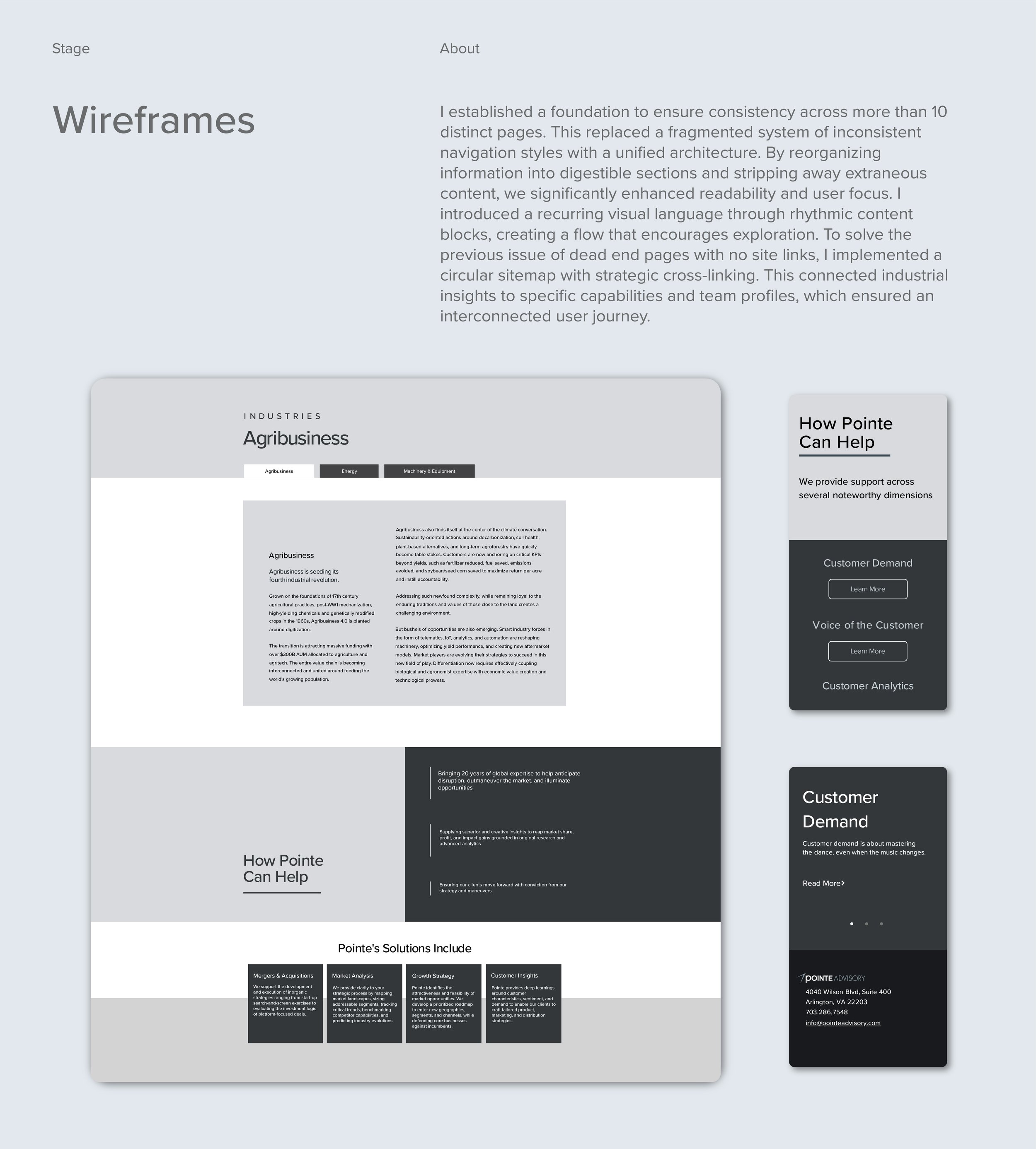 Collection of website wireframes for a business consulting service, showing various layout designs with sections on customer demand, voice of the customer, and analytics, in a grayscale color scheme.