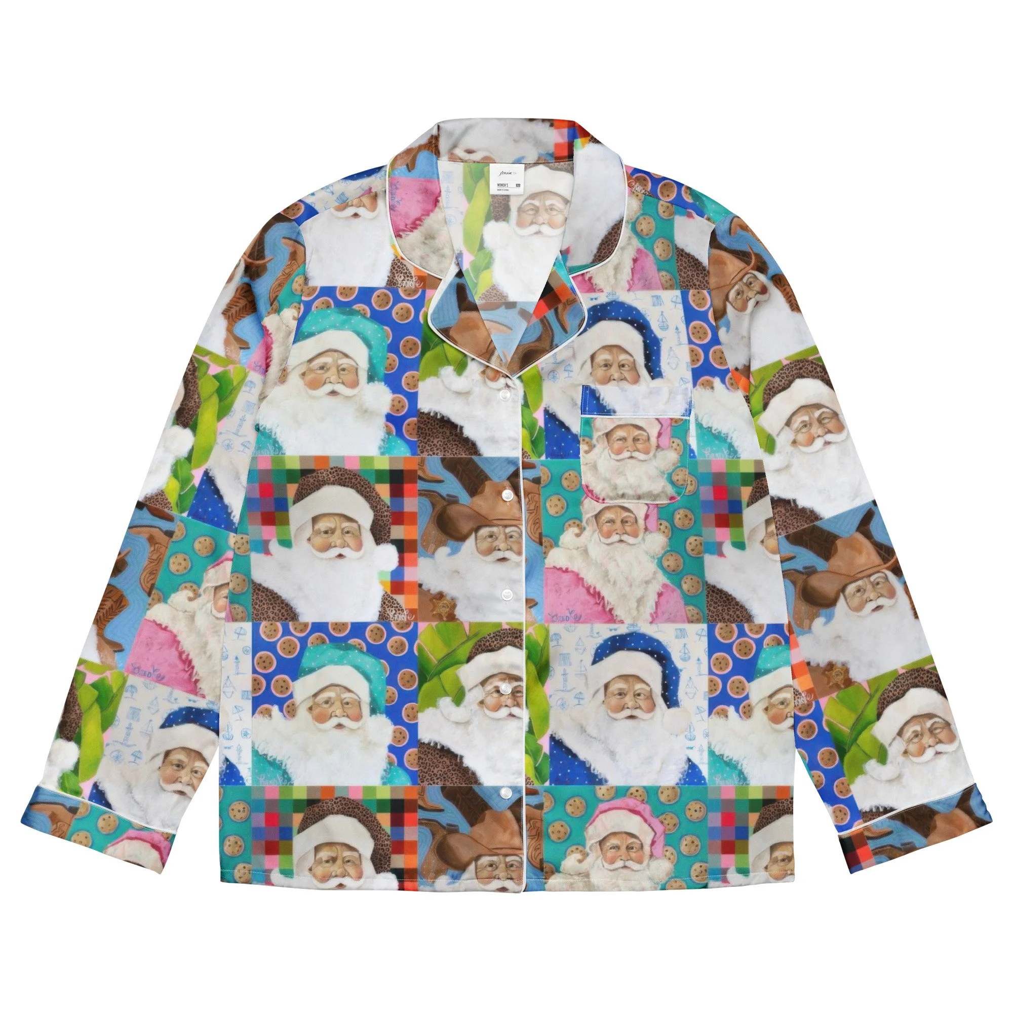 Patchwork Santa Pajama Top Long Sleeve