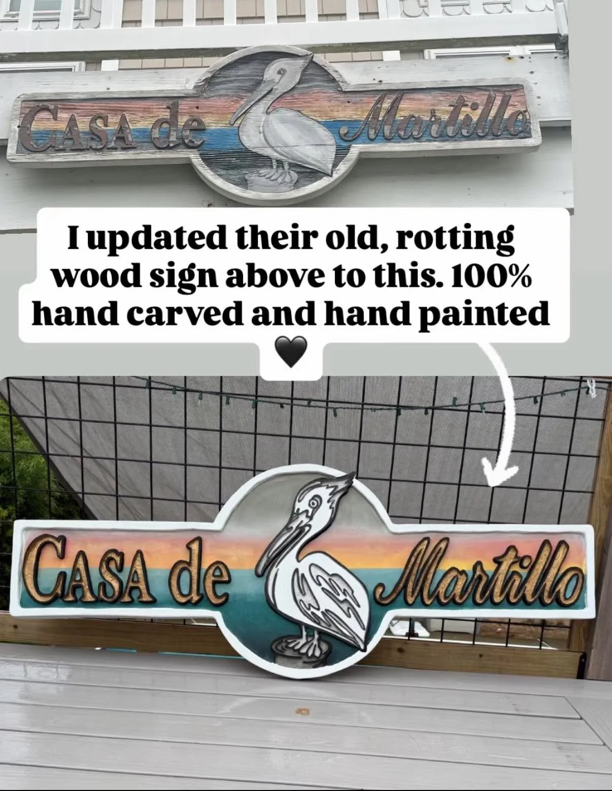 A decorative wooden sign for Casa de Martillo with a pelican graphic in the center, featuring a sunset and ocean background. Another similar sign with a pelican graphic and the text 'Casa de Martillo' is displayed below. An overlay note states that the signs are hand-carved and hand-painted.