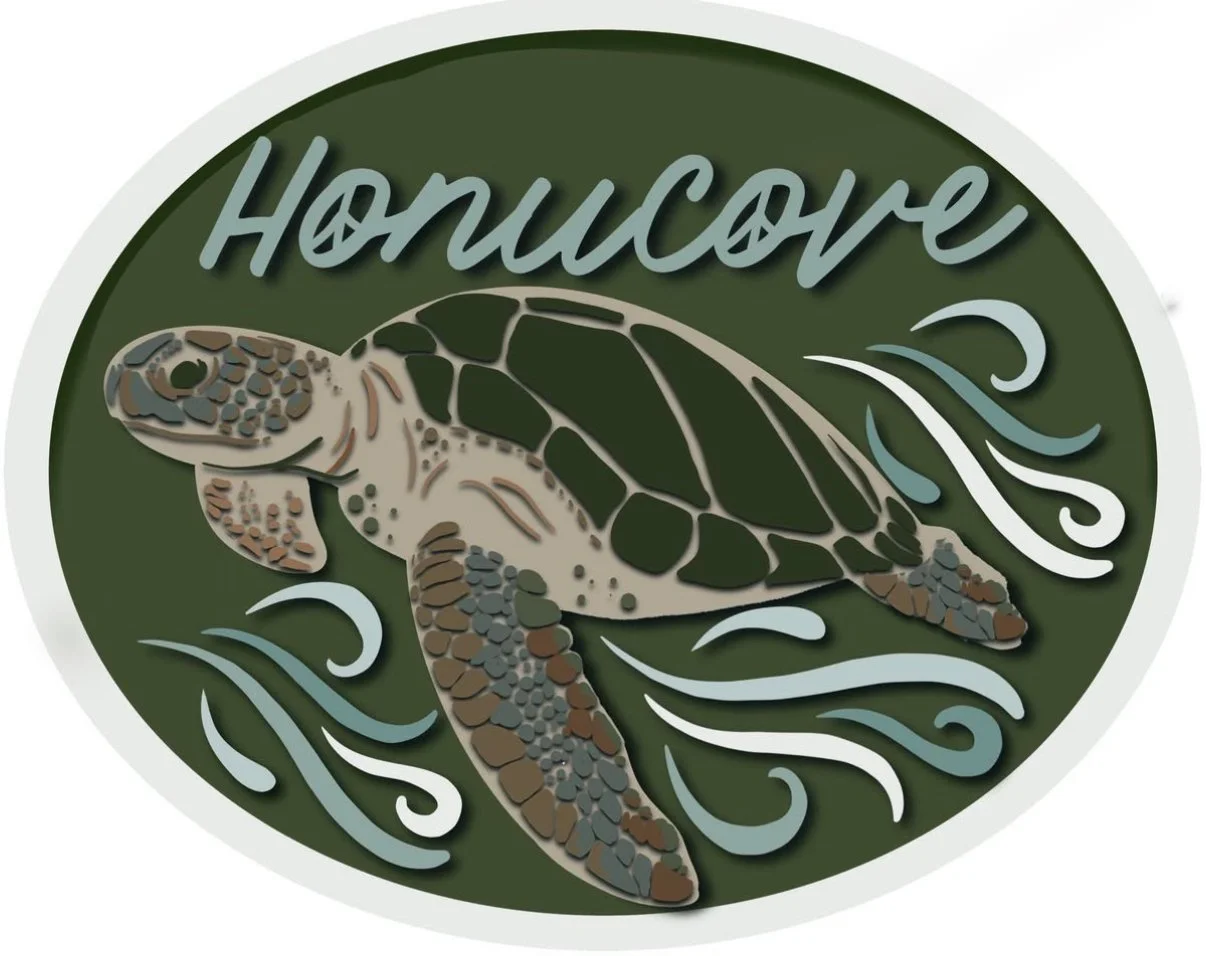 Illustration of a turtle with the word "Honucure" above it, set against a green background with white and blue wave-like design elements.