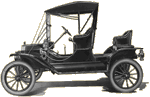 Vintage black car with a canopy roof, open sides, and wooden-spoked wheels